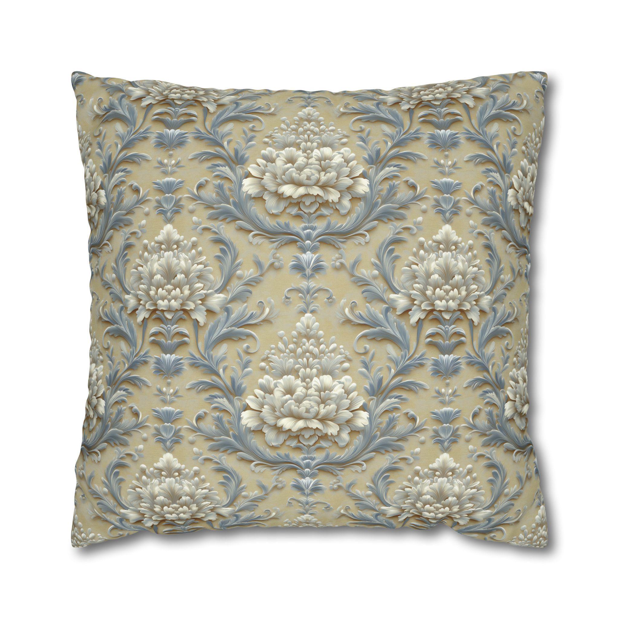 Damask Floral Pillow Cover: Blue & Gold Cushion Case - Classic Decor