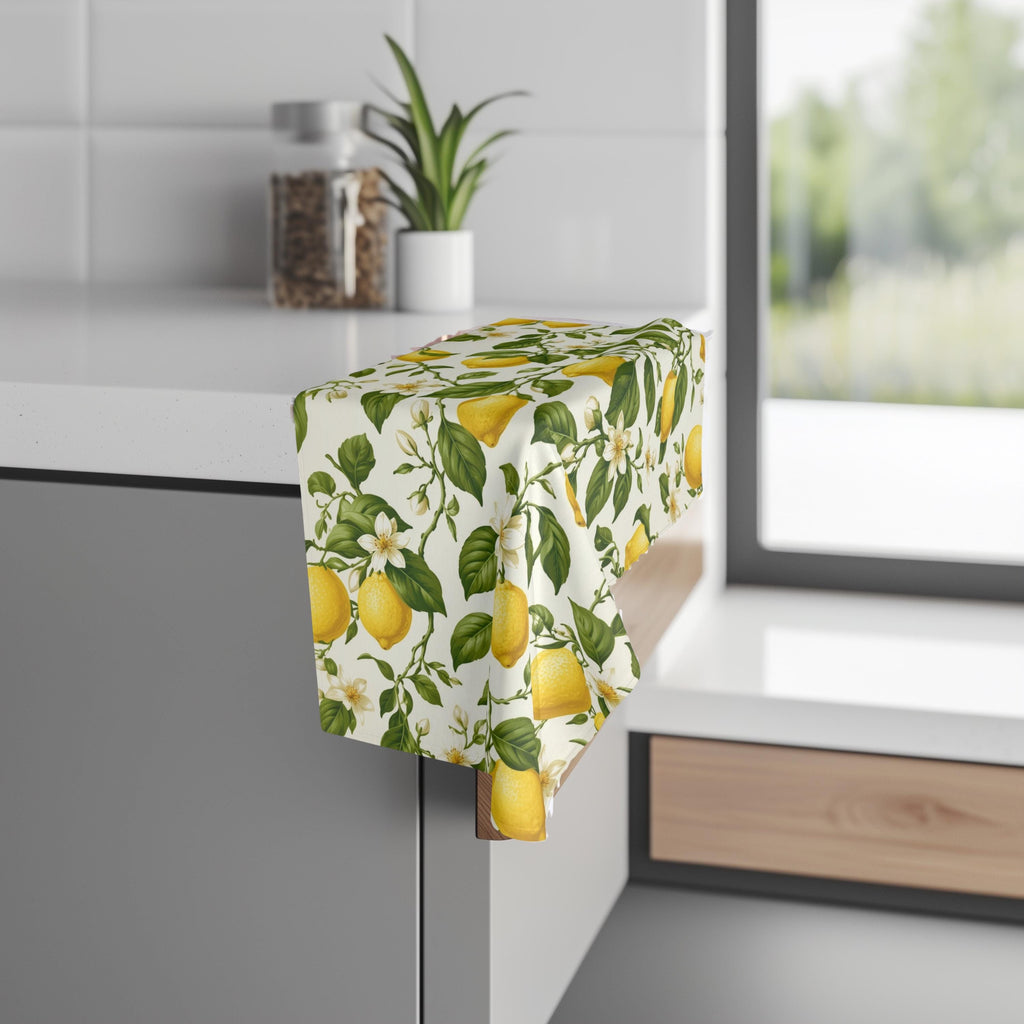 Lemon Hand Towel: with Green Leaves and Florals on a Creamy White Background