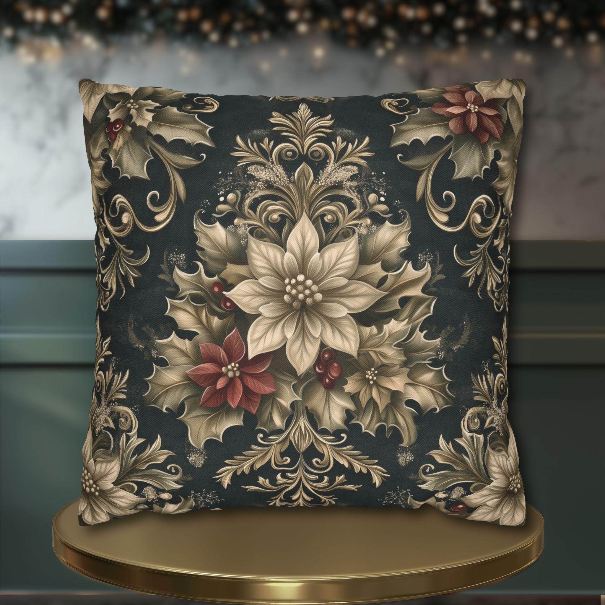 Vintage Style William Morris Christmas Pillow Cover: Poinsettia & Holly on Charcoal Cushion