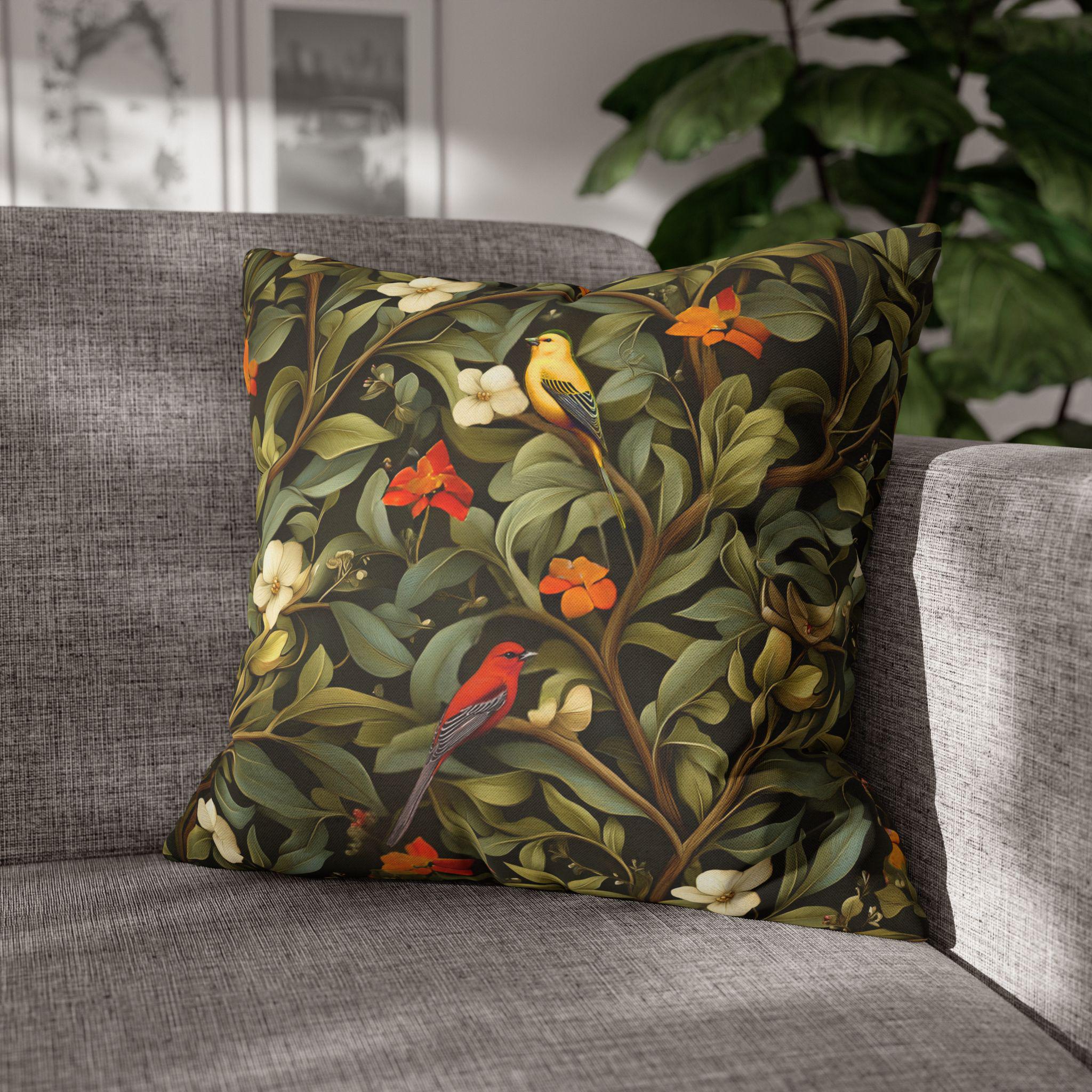 William Morris Inspired Autumn Songbird Pillow Cover: Olive and Pumpkin Arts & Crafts Heritage Design