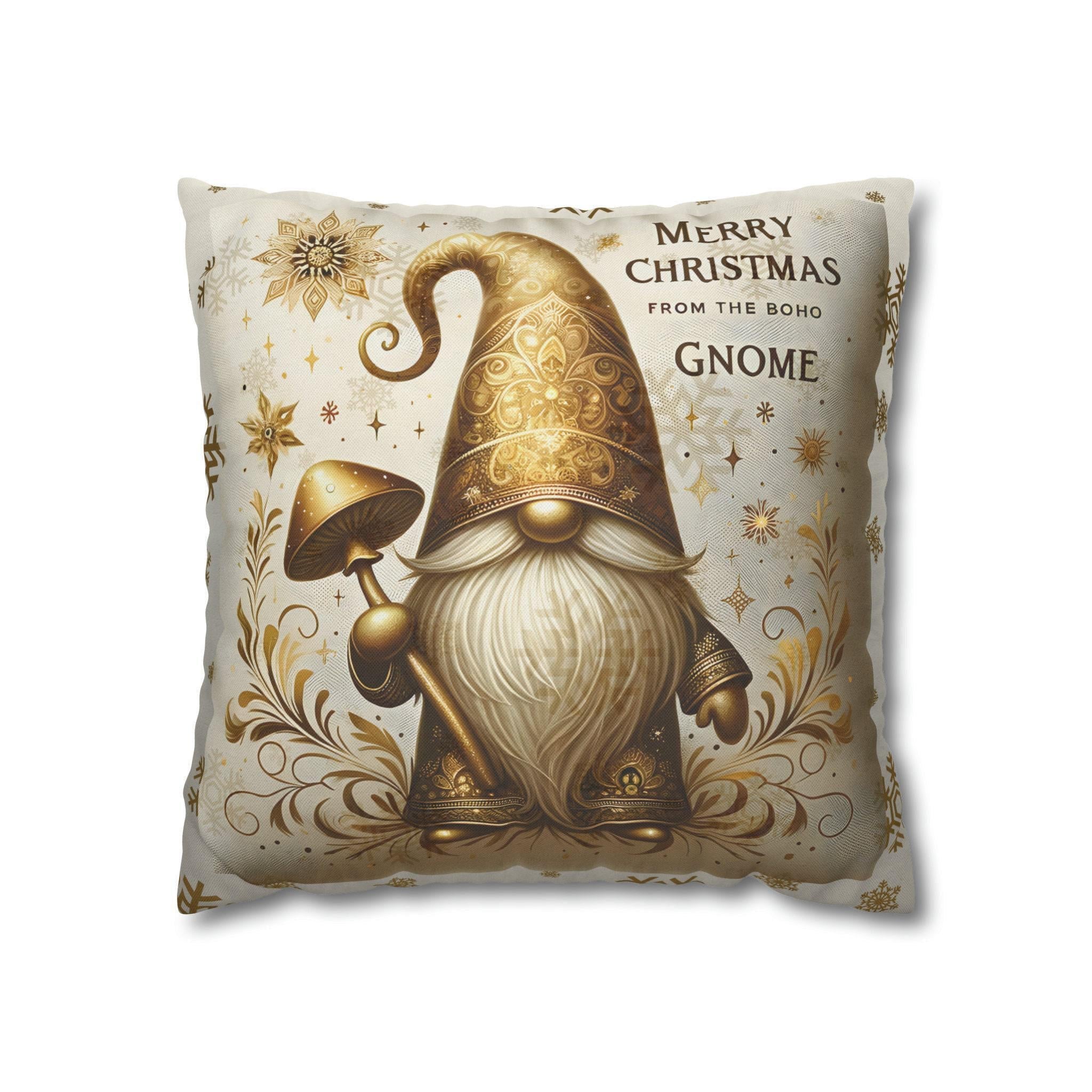 Boho Christmas Gnome Pillow Cover: Festive Gold Design on Cream Background for Holiday Decor