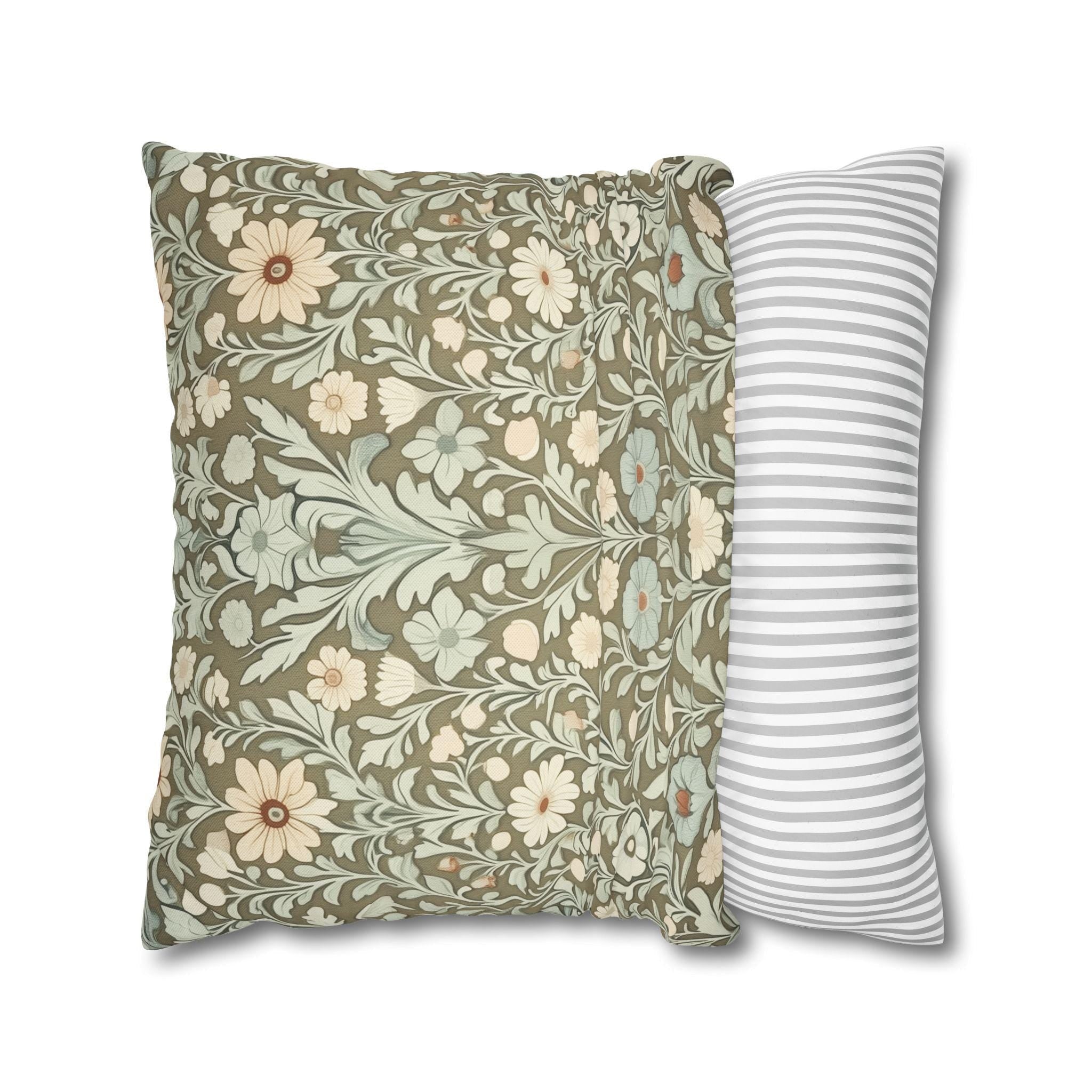 William Morris Inspired Botanical Pillow Cover: Sage, Cream & Peach Floral Pattern Cushion Case