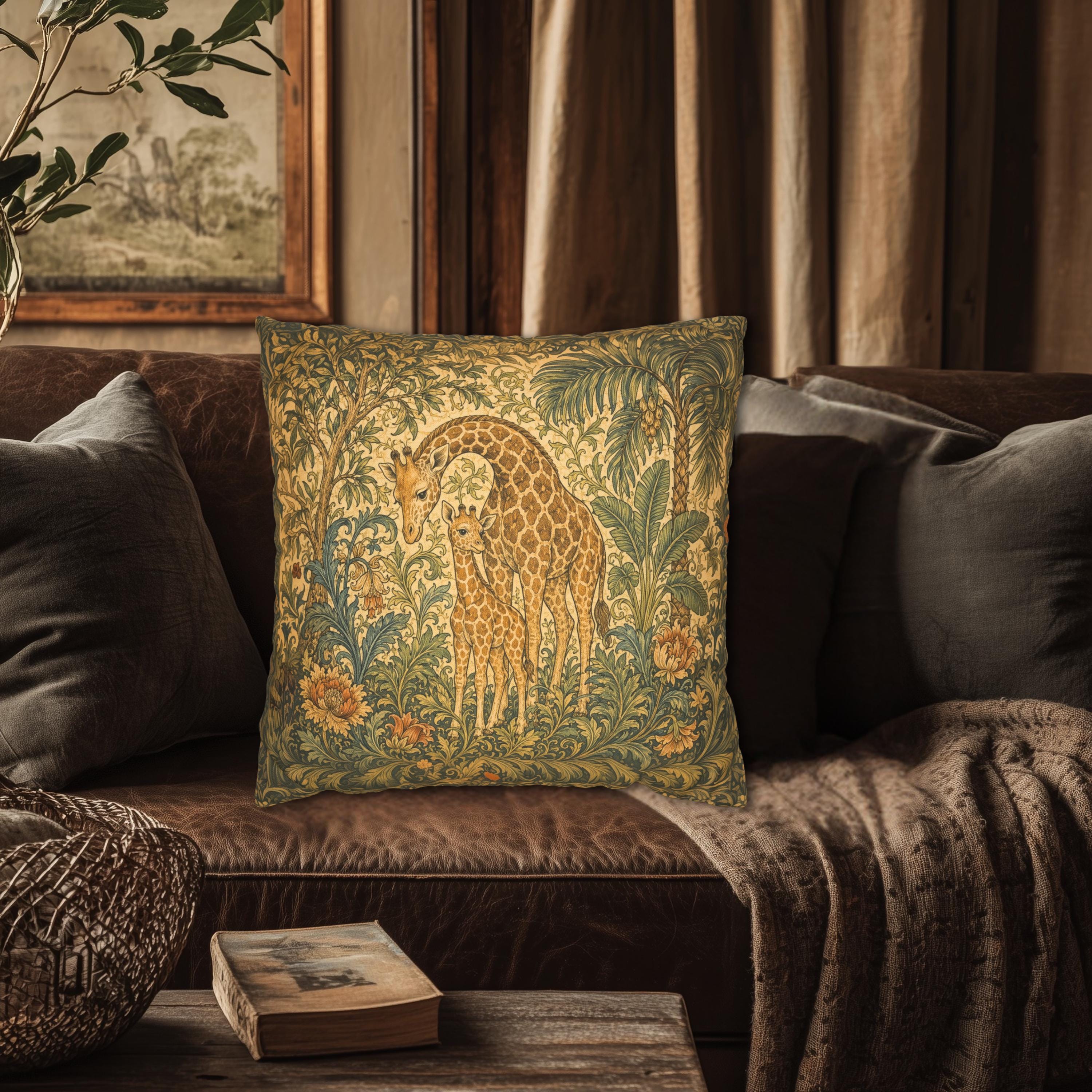 William Morris Style Throw Pillow Cover:  Giraffe Jungle Botanical Design
