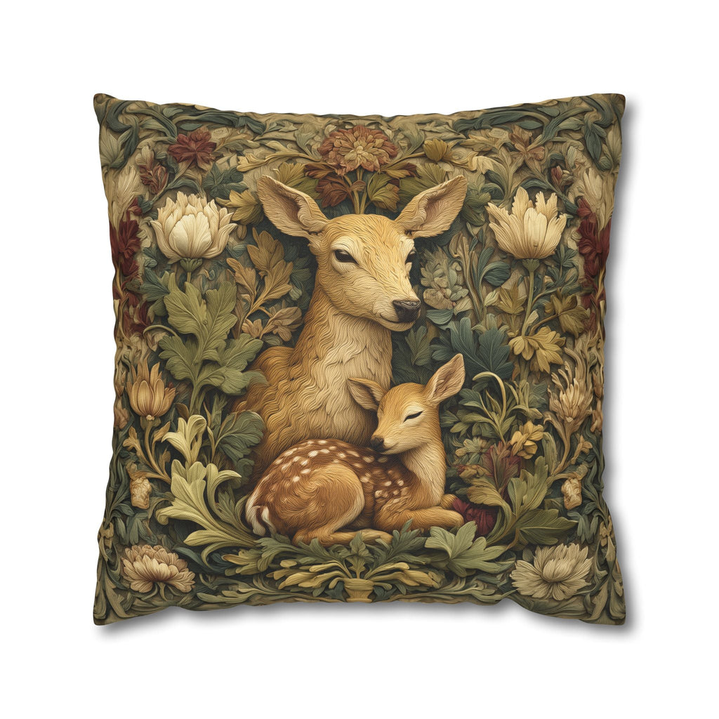 William Morris Inspired Pillow Cover:   Woodland Botanical Doe and Fawn