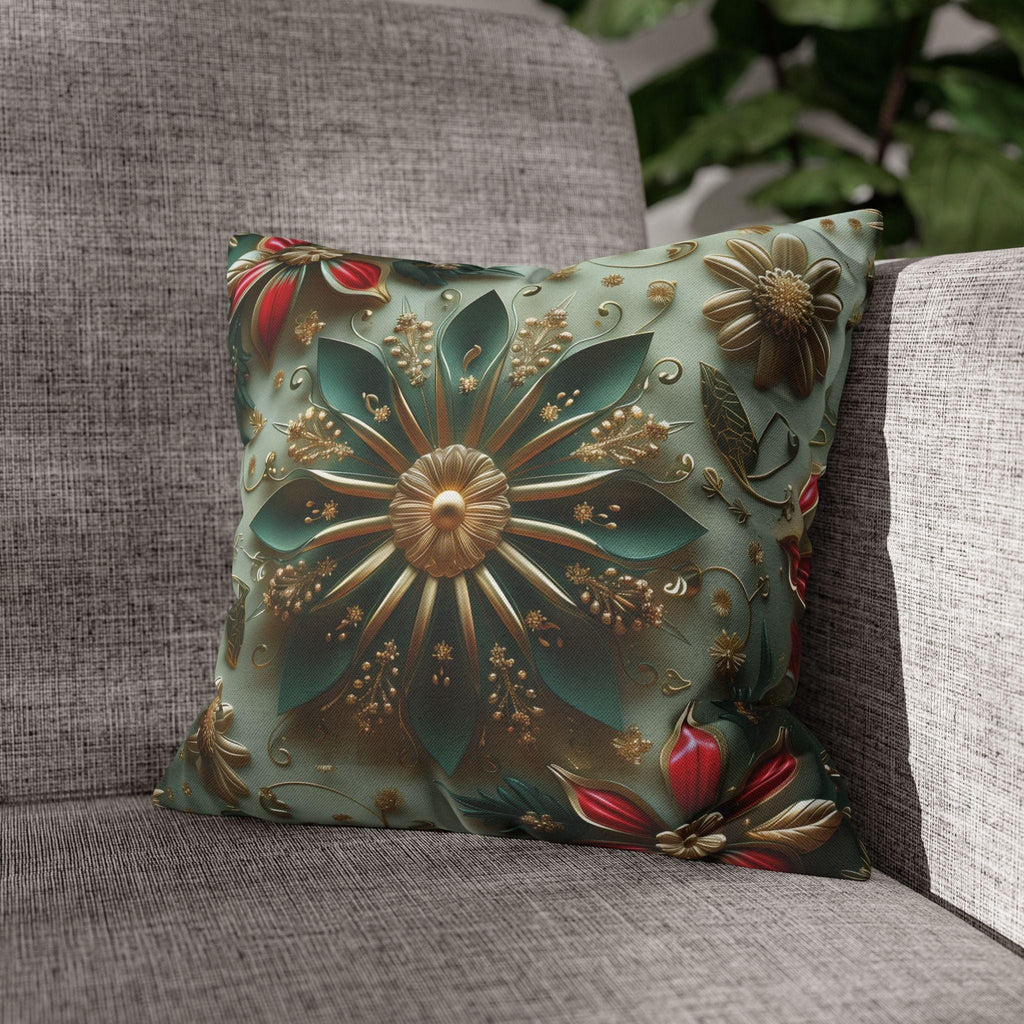 Elegant Christmas Pillow Cover: Snowflake, Poinsettias, Gold Details