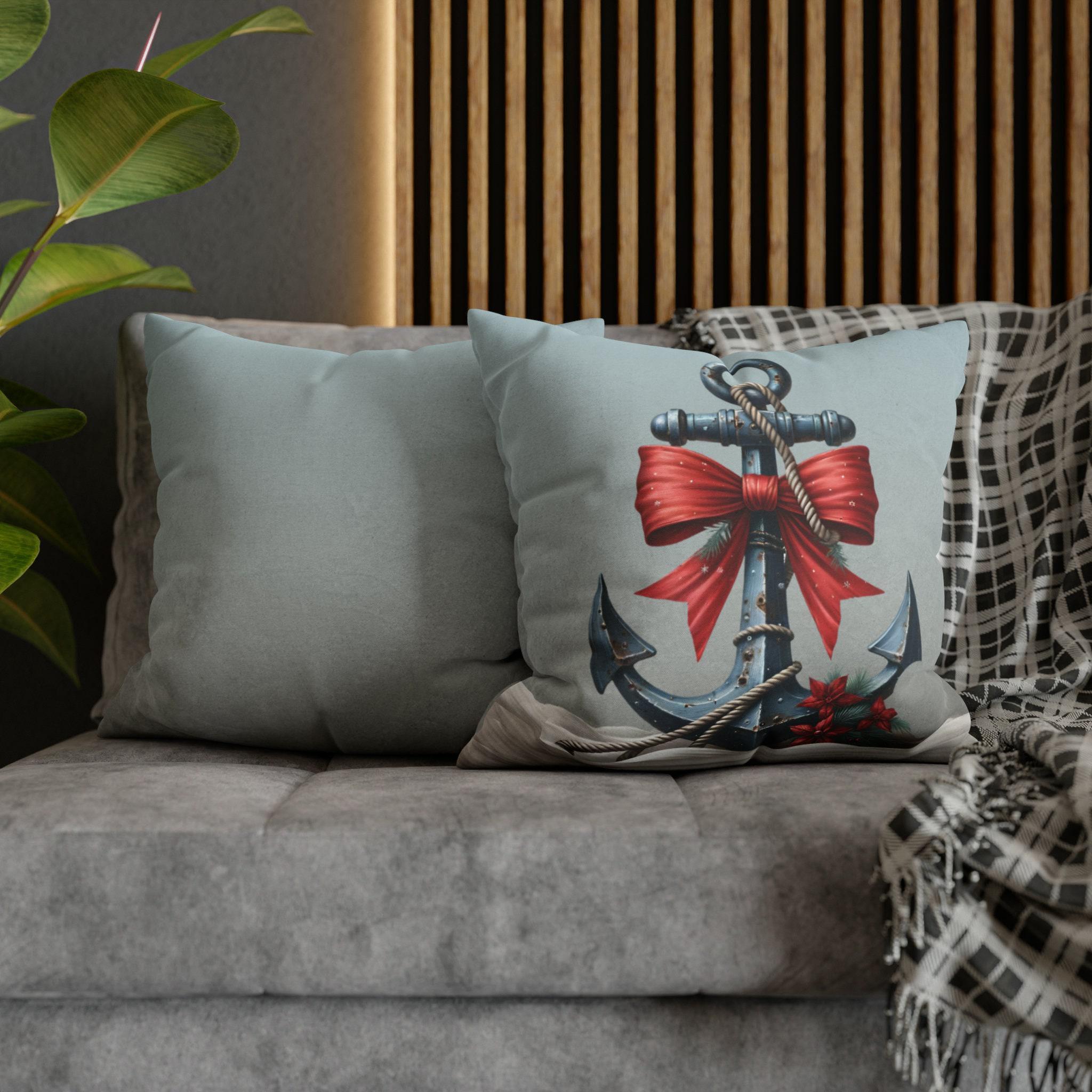 Rustic Ship's Anchor Christmas Pillow Cover: Nautical Holiday Decor