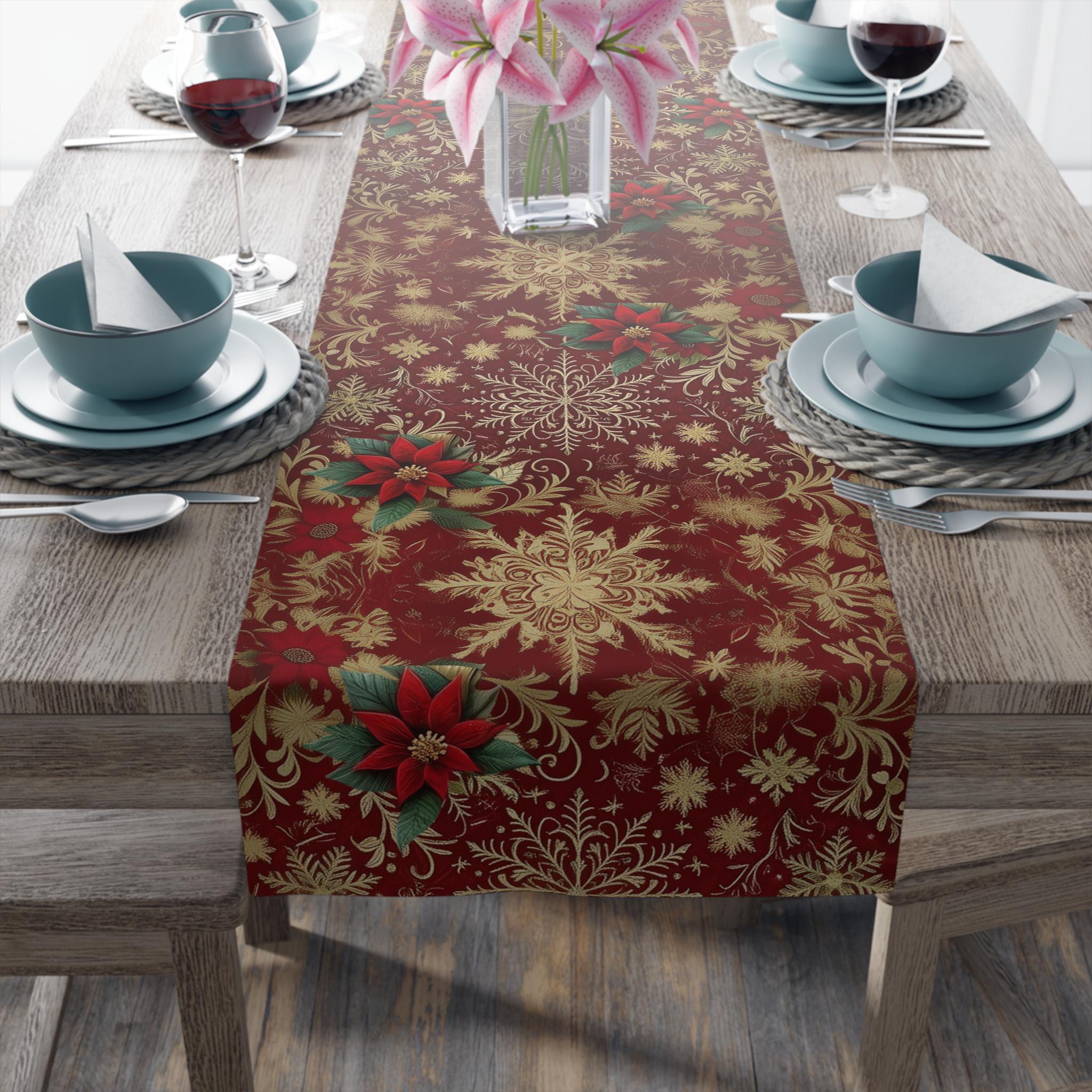 Crimson & Gold Snowflake Table Runner with Poinsettia Accents for Christmas Dining Decor