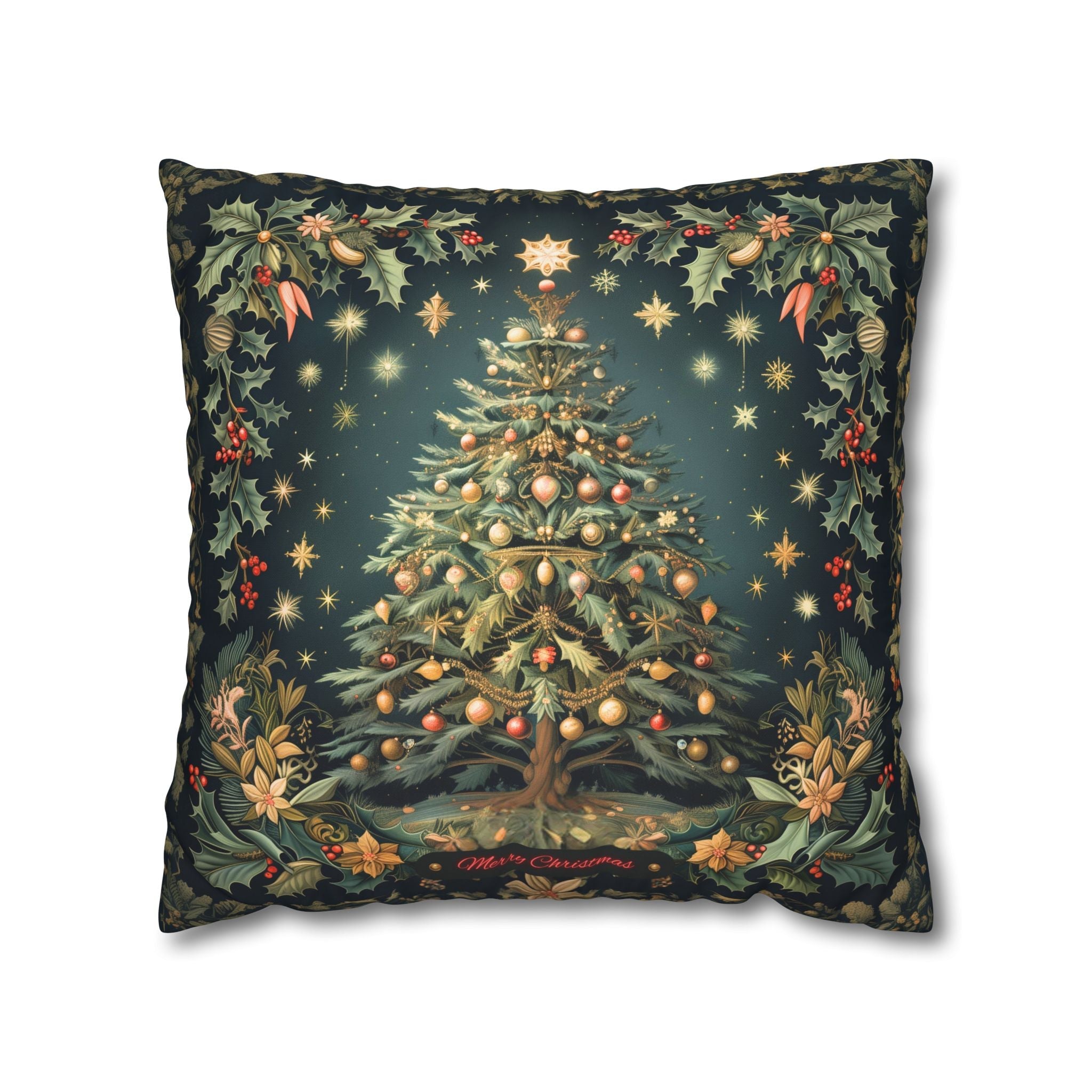 William Morris Merry Christmas 2024 Euro Sham, Gold Red Ornaments on Forest Green and Holly 24x24 & 26x26 inch sizes available