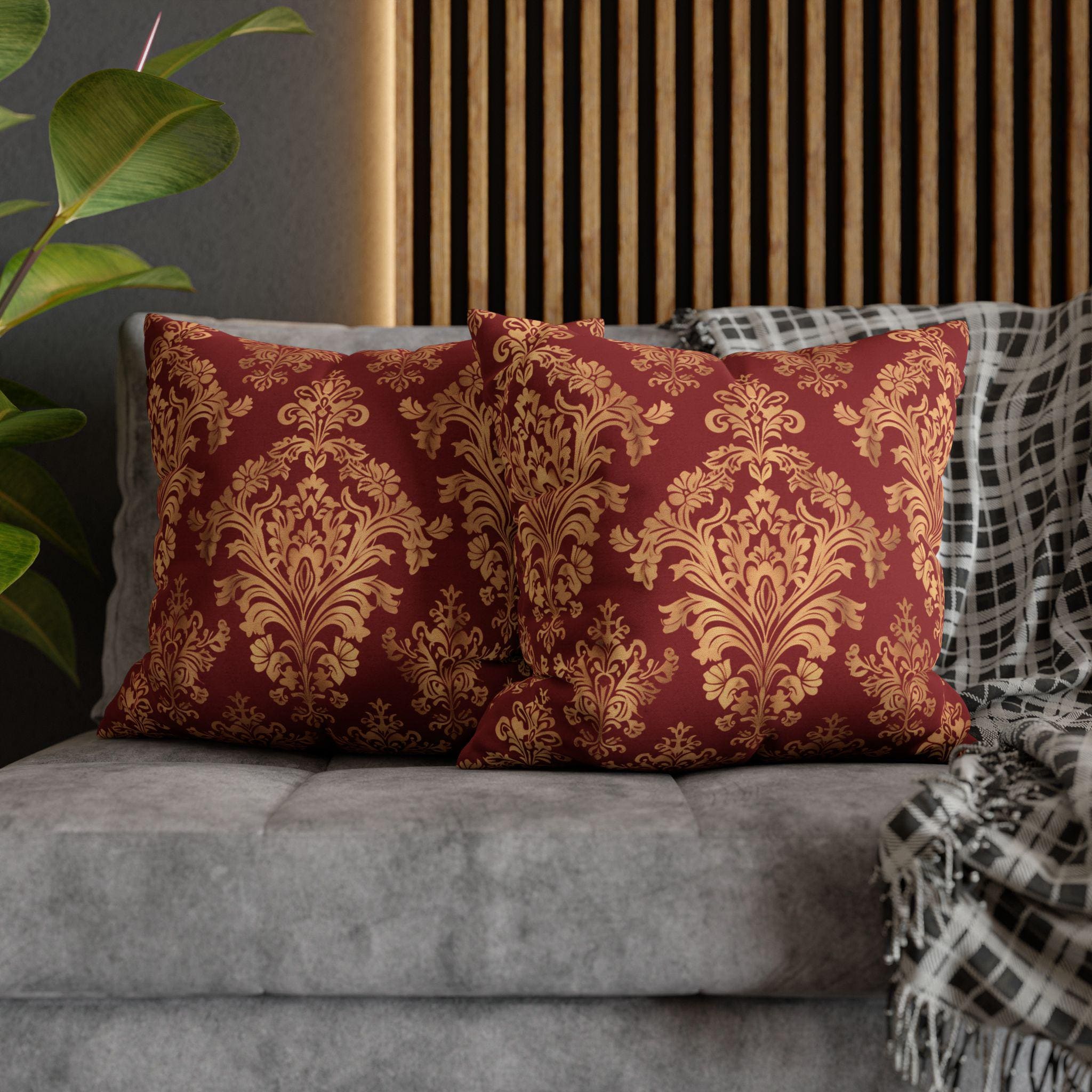 Luxurious Damask Pillow Cover | Gold  Motif on Red | Elegant Home Decor