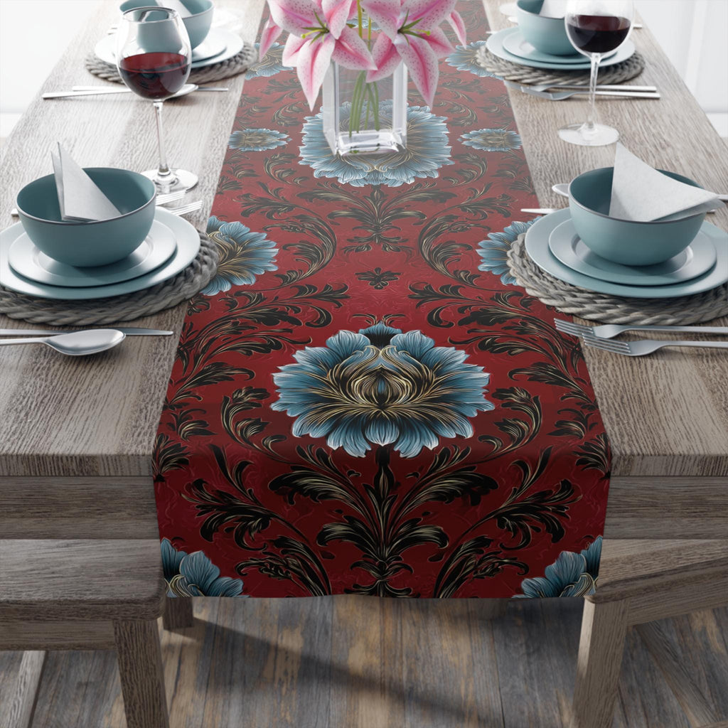 Quietly Patriotic Table Runner: Elegant Damask in Red, Cream and Blue