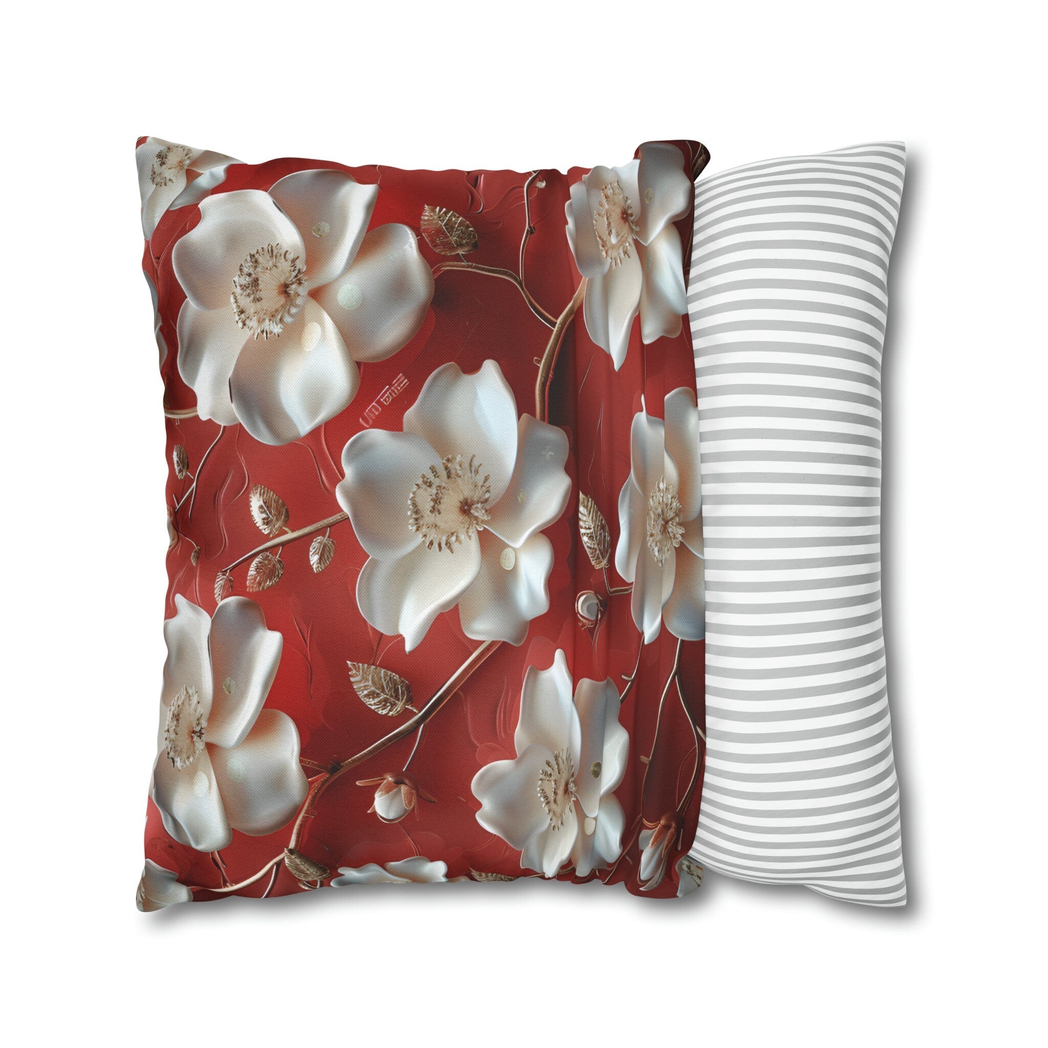 Romantic Berry & White Floral Pillow Cover with Golden Centers - Elegant Cushion for Home Decor