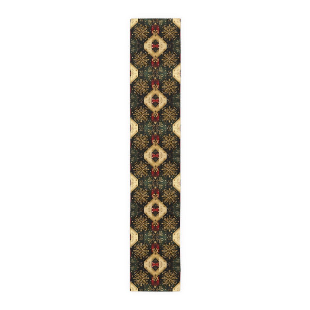 Festive Gold Snowflake Table Runner: Elegant Christmas Dining Decor in Green, Charcoal & Red