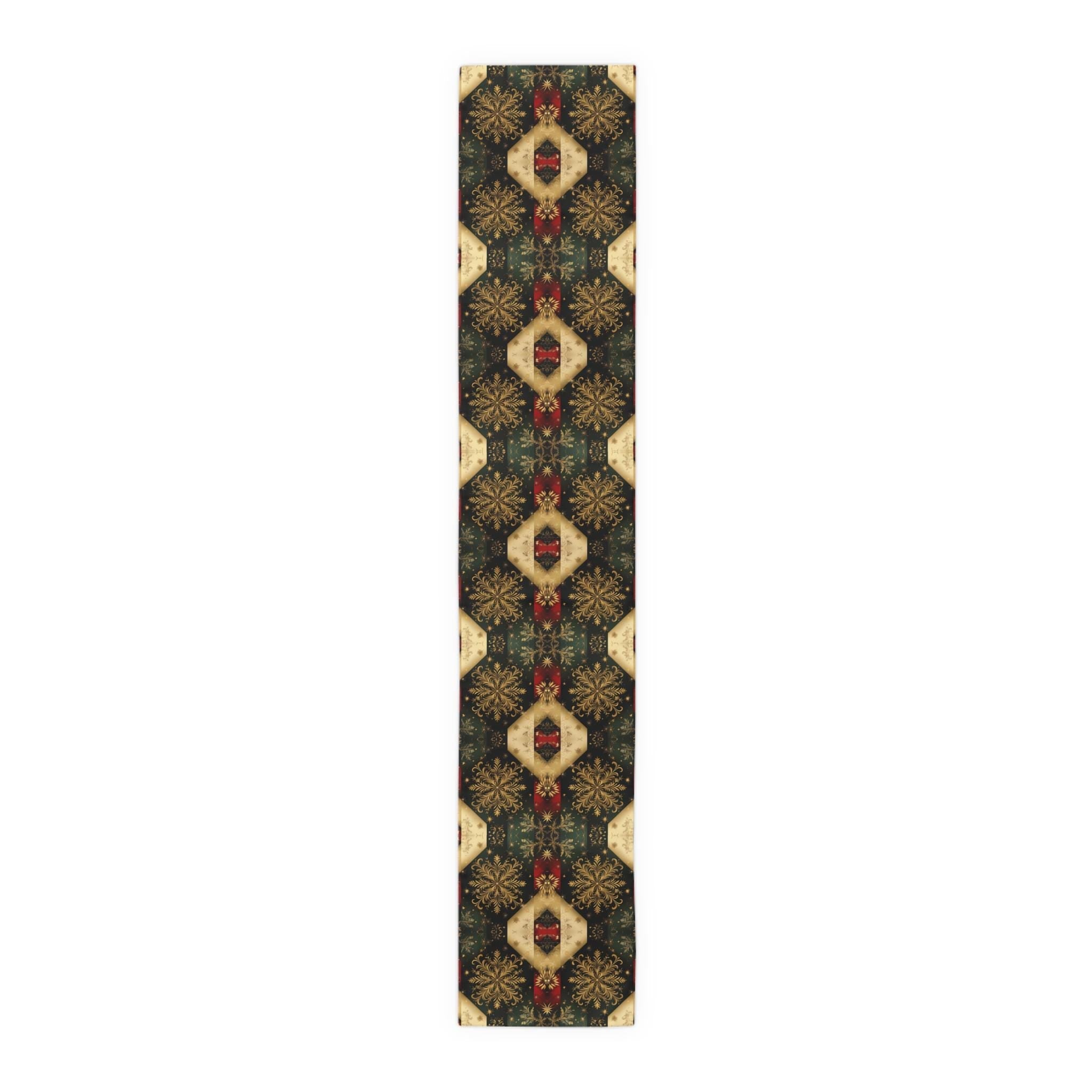 Festive Gold Snowflake Table Runner: Elegant Christmas Dining Decor in Green, Charcoal & Red
