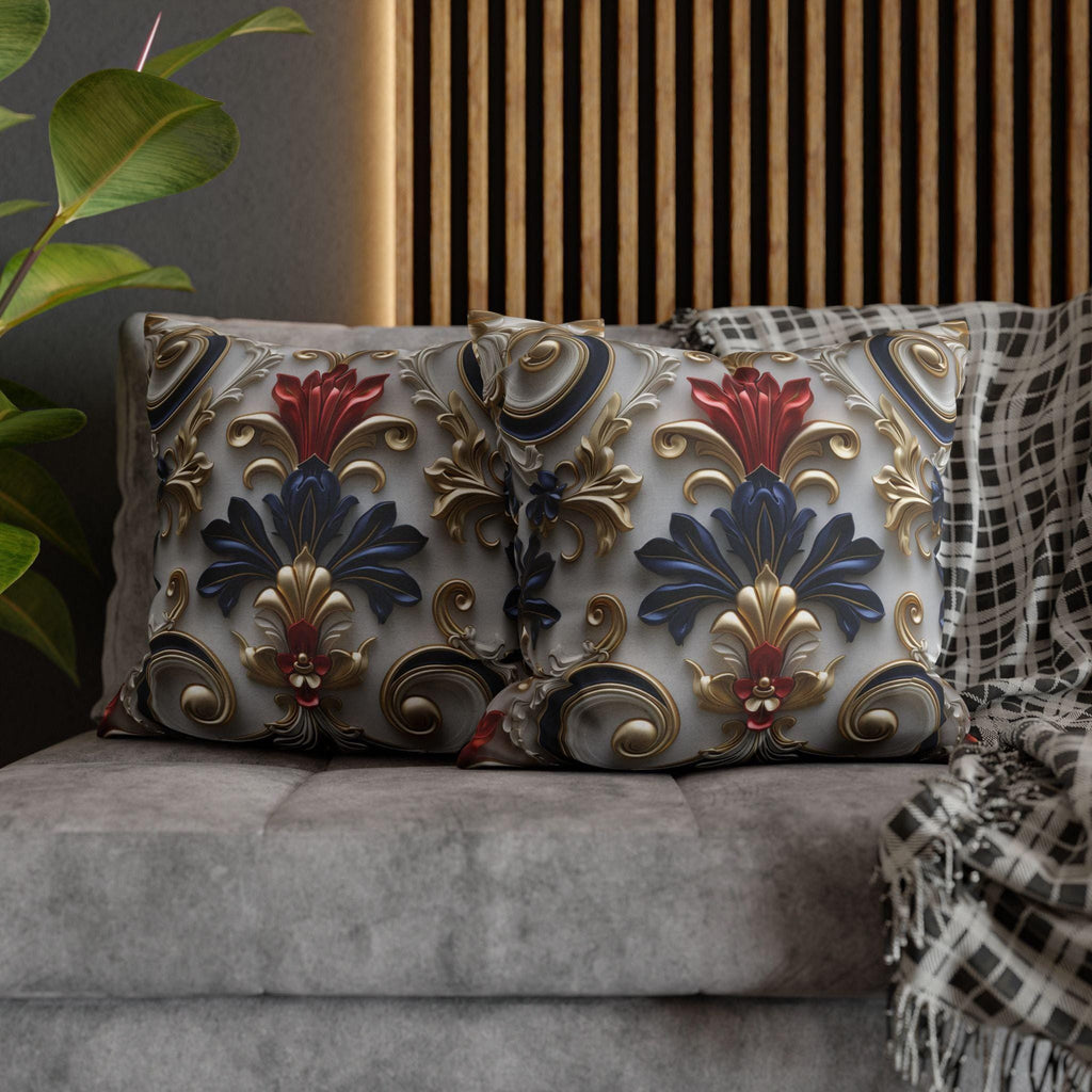 Baroque Floral Pillow Cover: Red, Blue, Gold Foliate Motifs