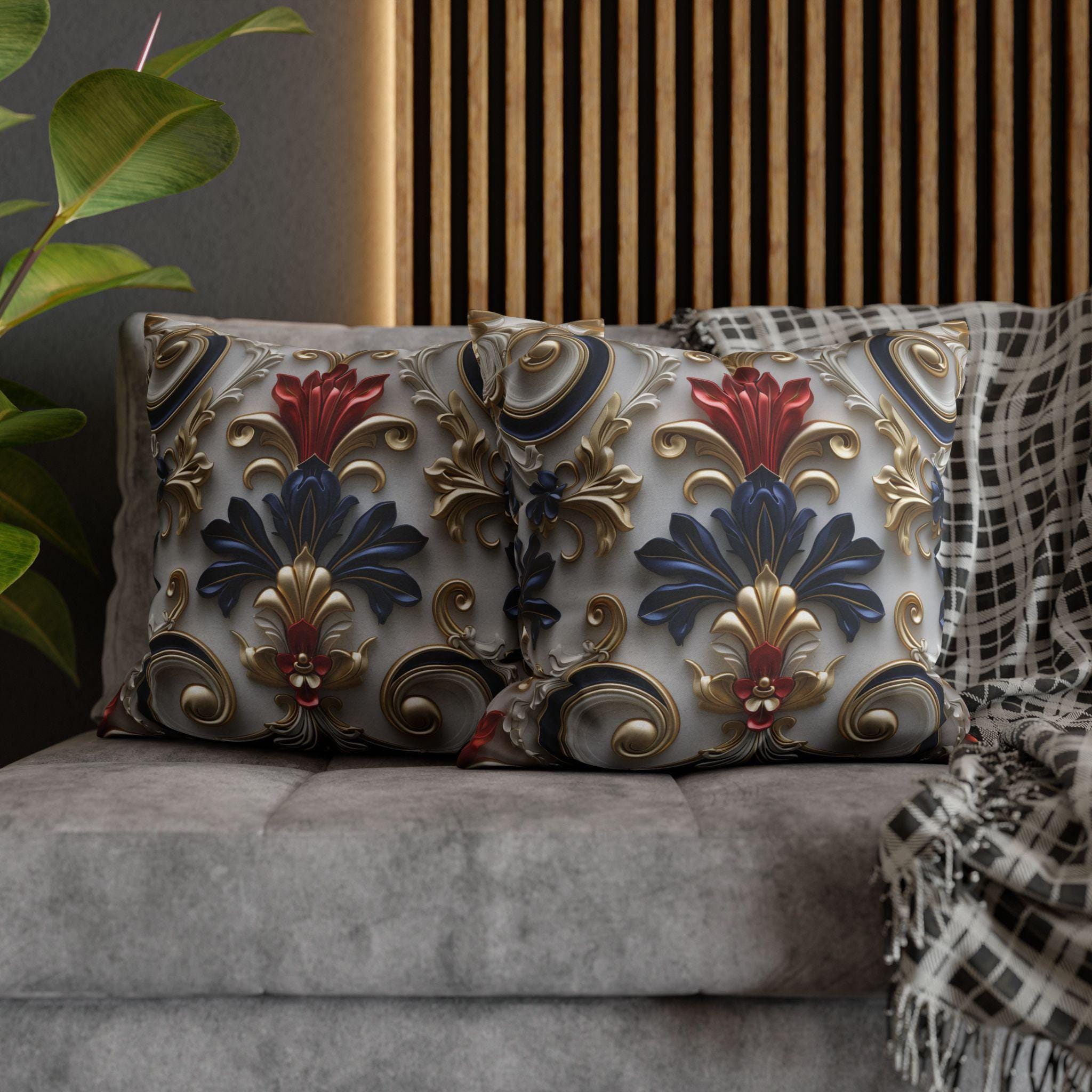 Baroque Floral Pillow Cover: Red, Blue, Gold Foliate Motifs