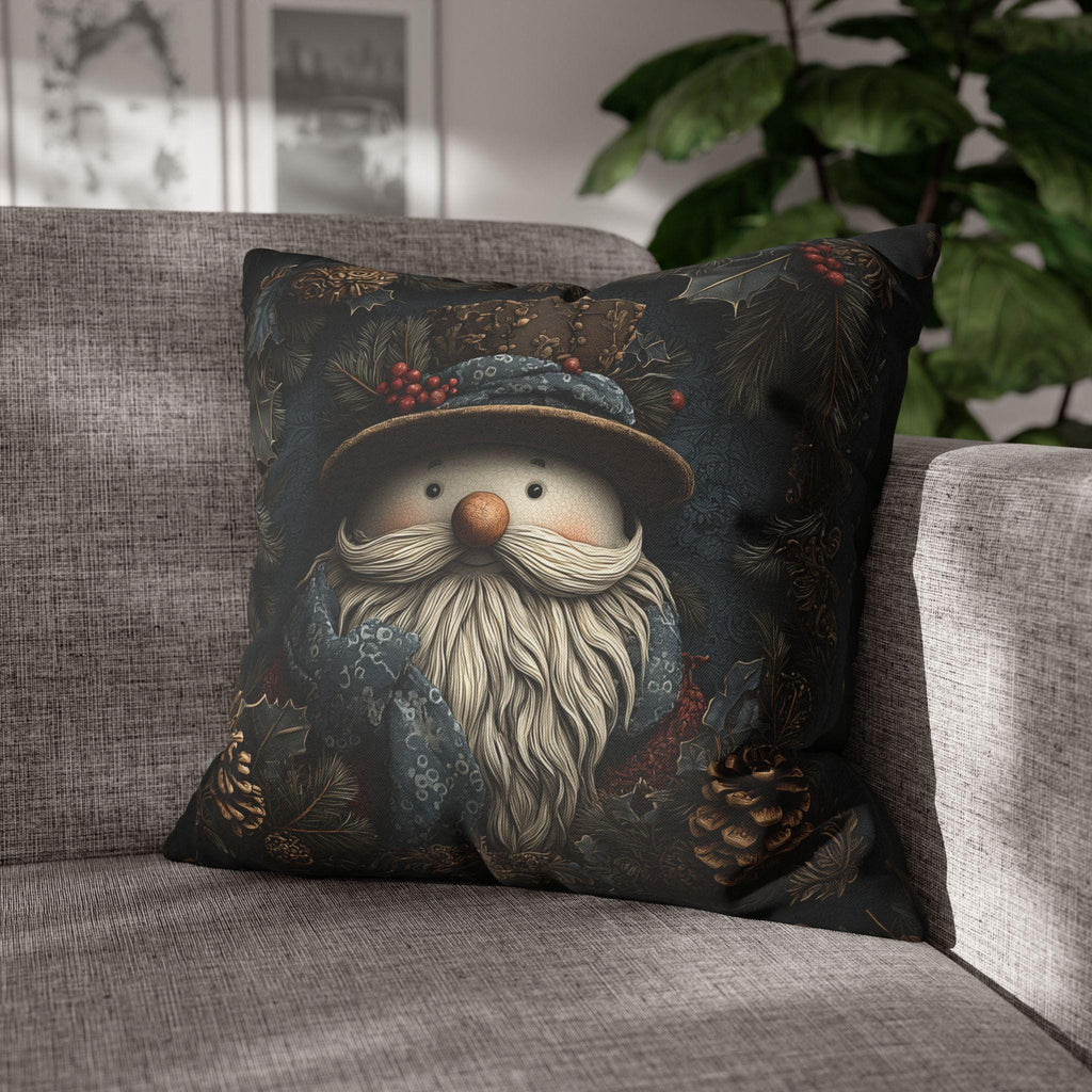 William Morris Inspired Christmas Pillow Cover: Rustic Santa Snowman Woodland Pine & Holly Illustration