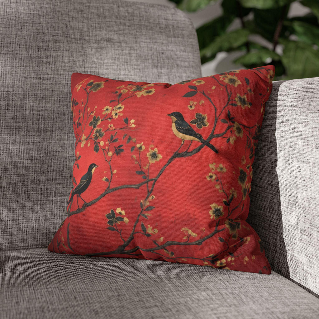 Chinoiserie Bird Pillow Cover: Crimson Floral Accent Cushion
