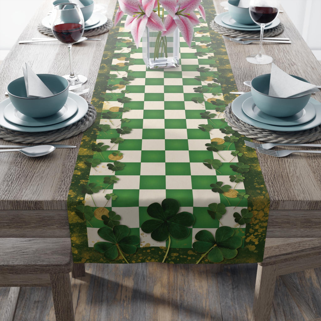 St Patricks Day Shamrock & Gold Coin Checkered Table Runner