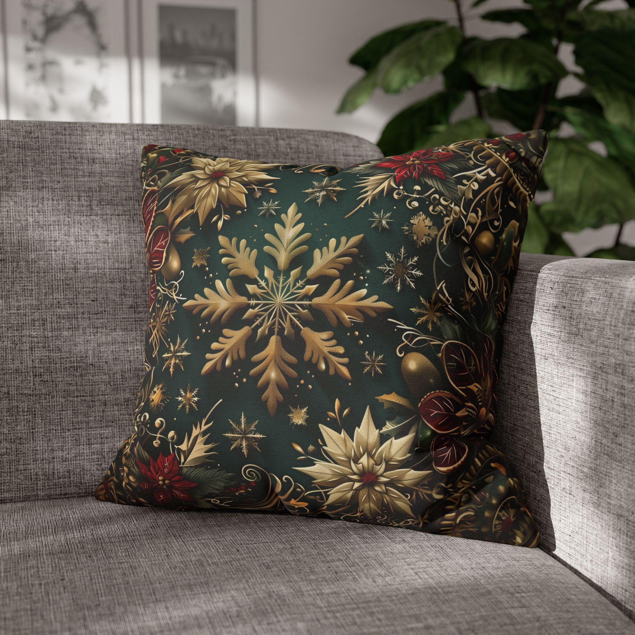 Victorian Snowflake Pillow Cover: Gold & Green with Red Poinsettias for Holiday Decor