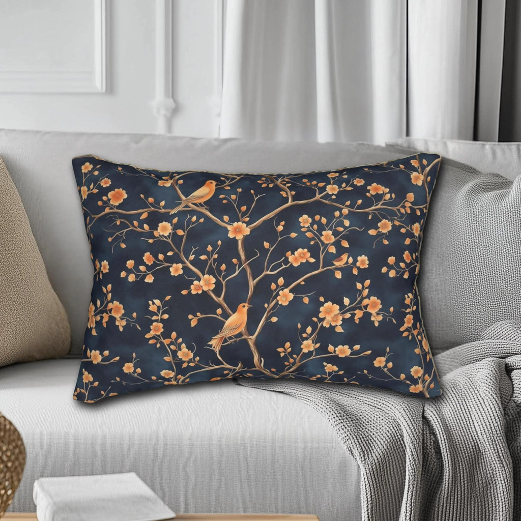 Chinoiserie Bird Blossom Lumbar Pillow: Peach & Chestnut on Navy Blue