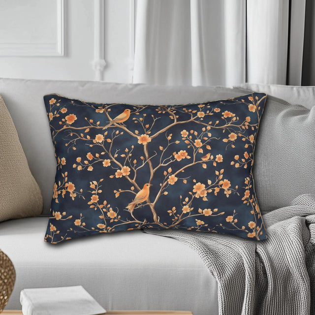 Chinoiserie Bird Blossom Lumbar Pillow: Peach & Chestnut on Navy Blue