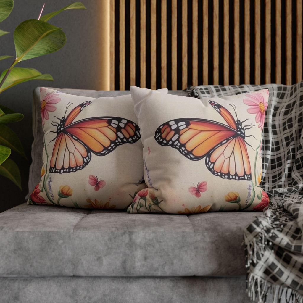 Monarch Butterfly Pillow Cover: Colorful Wildflower Garden on Soft Peach Background