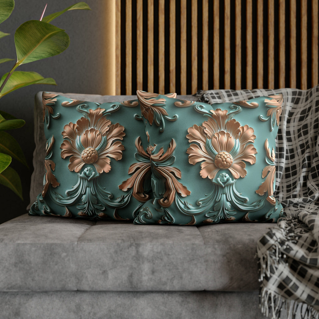 Floral Rococo Style Pillow Cover, Peach Fuzz & Light Teal Elegant Design