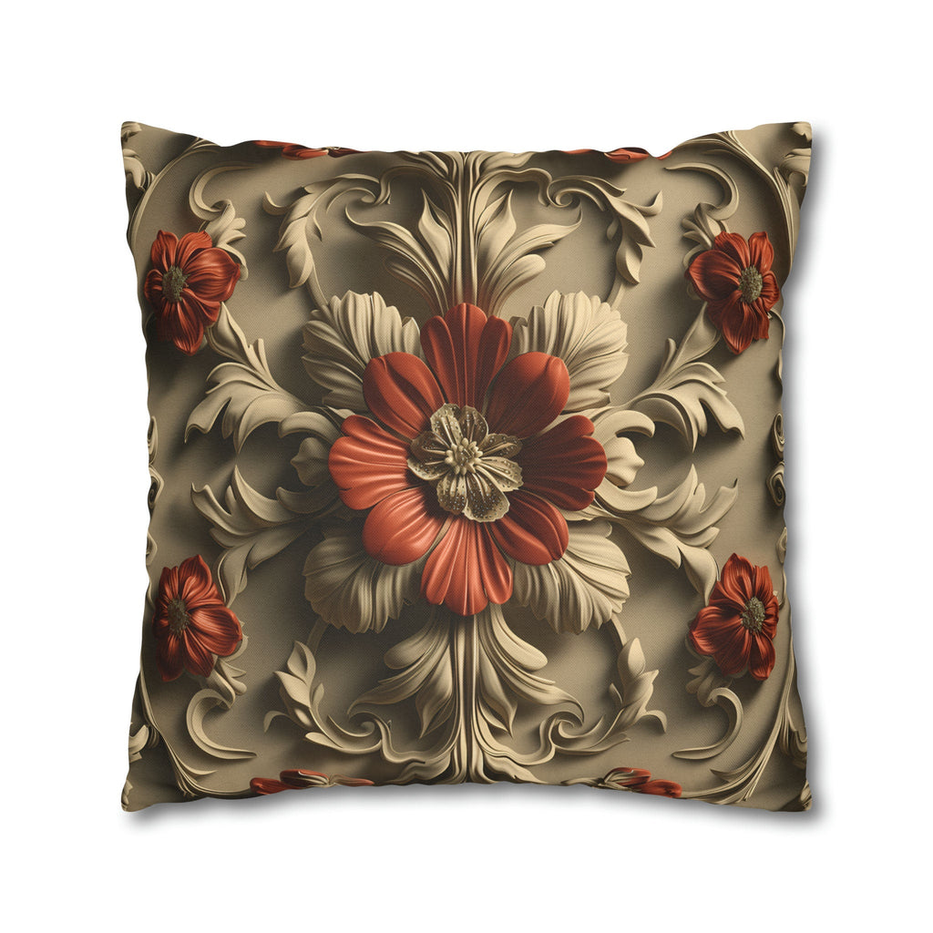 Baroque Style Pillow Cover: Red Flower, Acanthus Leaves, Embossed 3D Effect