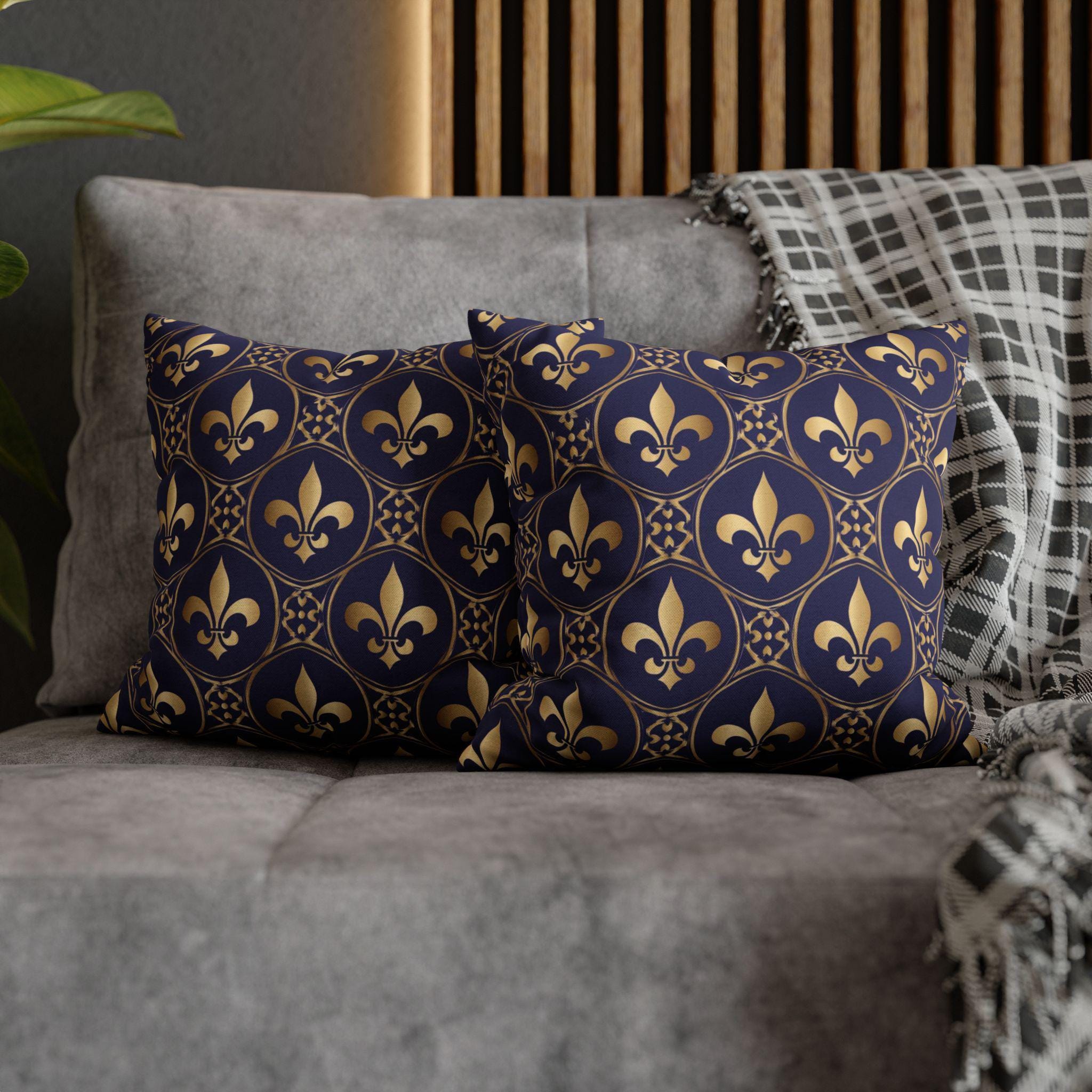 Blue Fleur de Lys Pillow Cover: Royal Gold French Heraldic Pattern
