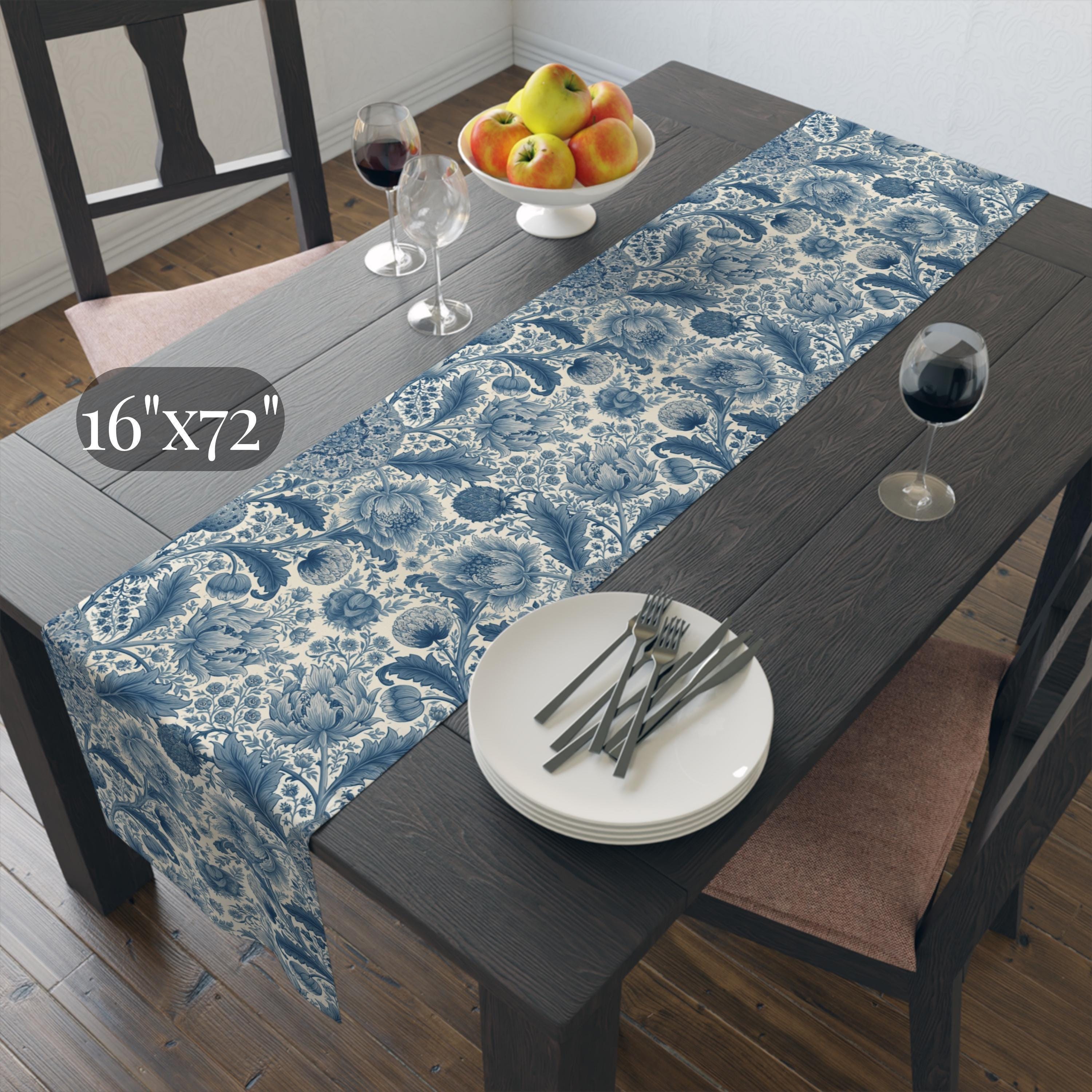 Botanical Toile Table Runner: Blue and Cream Vintage Style French Country Decor