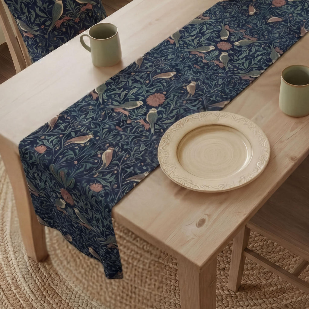 Midnight Songbirds Table Runner: William Morris Birds Pattern Revival