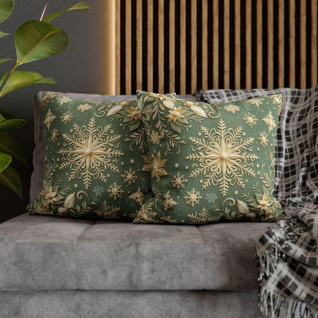Snowflake Minty Green Square Pillowcase, Elegant Gold and Green Throw Pillow Cover