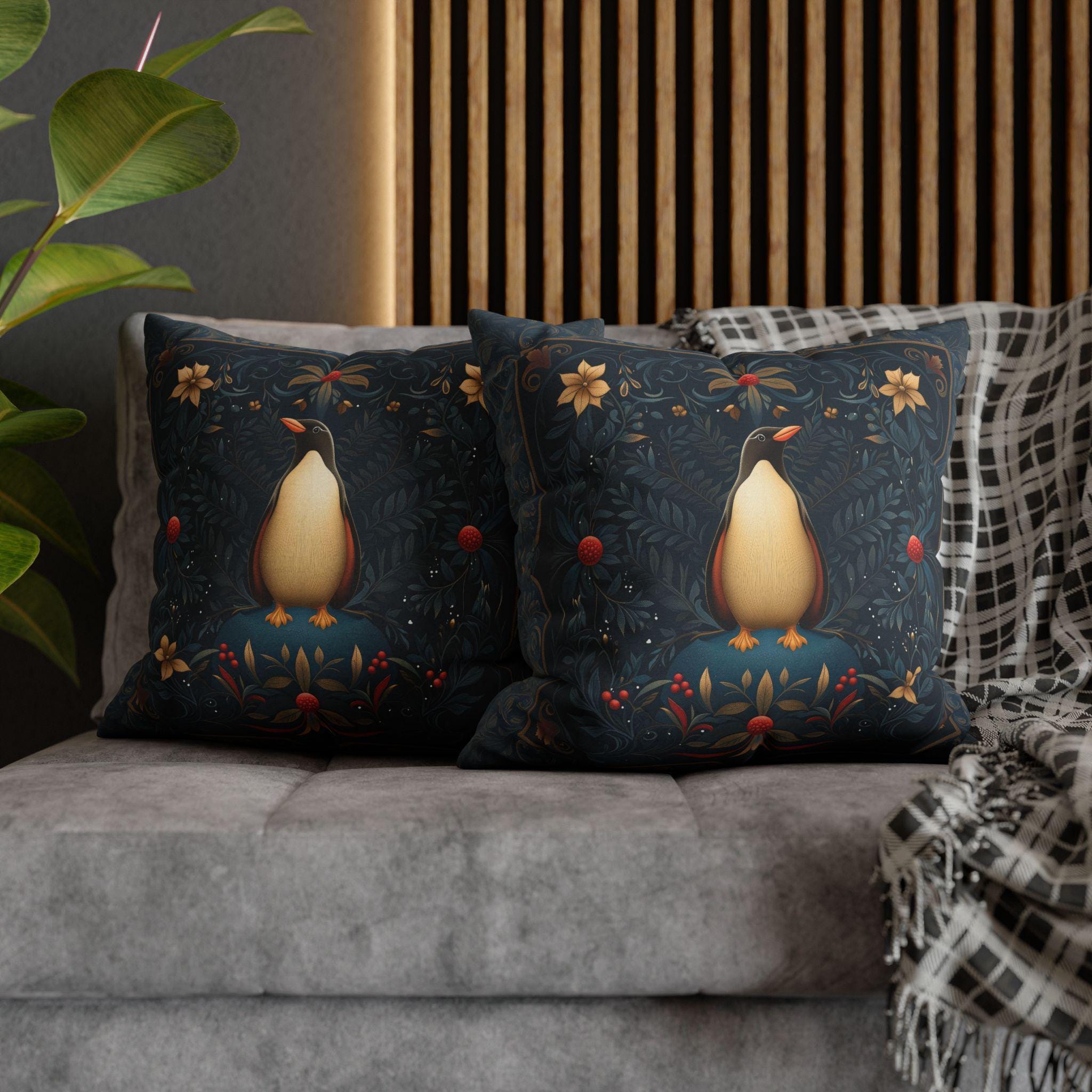 William Morris Christmas Penguin Pillow Cover:  Elegant Winter Holiday Accent