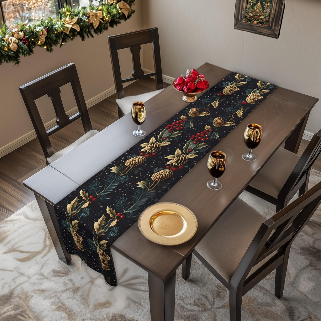 Pinecone & Holly Table Runner: William Morris Inspired Gold and Red Holiday Decor