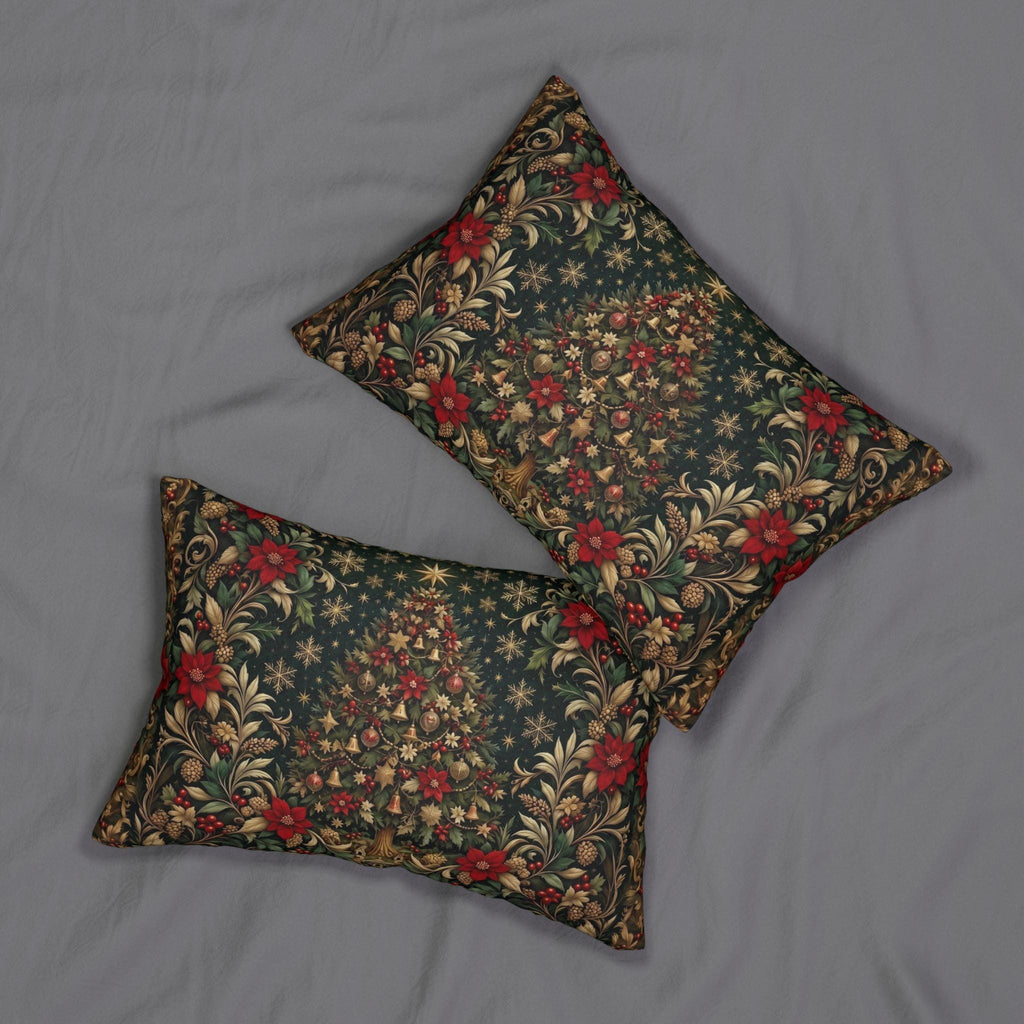 William Morris Christmas Lumbar Pillow: Vintage Style Emerald Green Poinsettia, Golden Snowflake