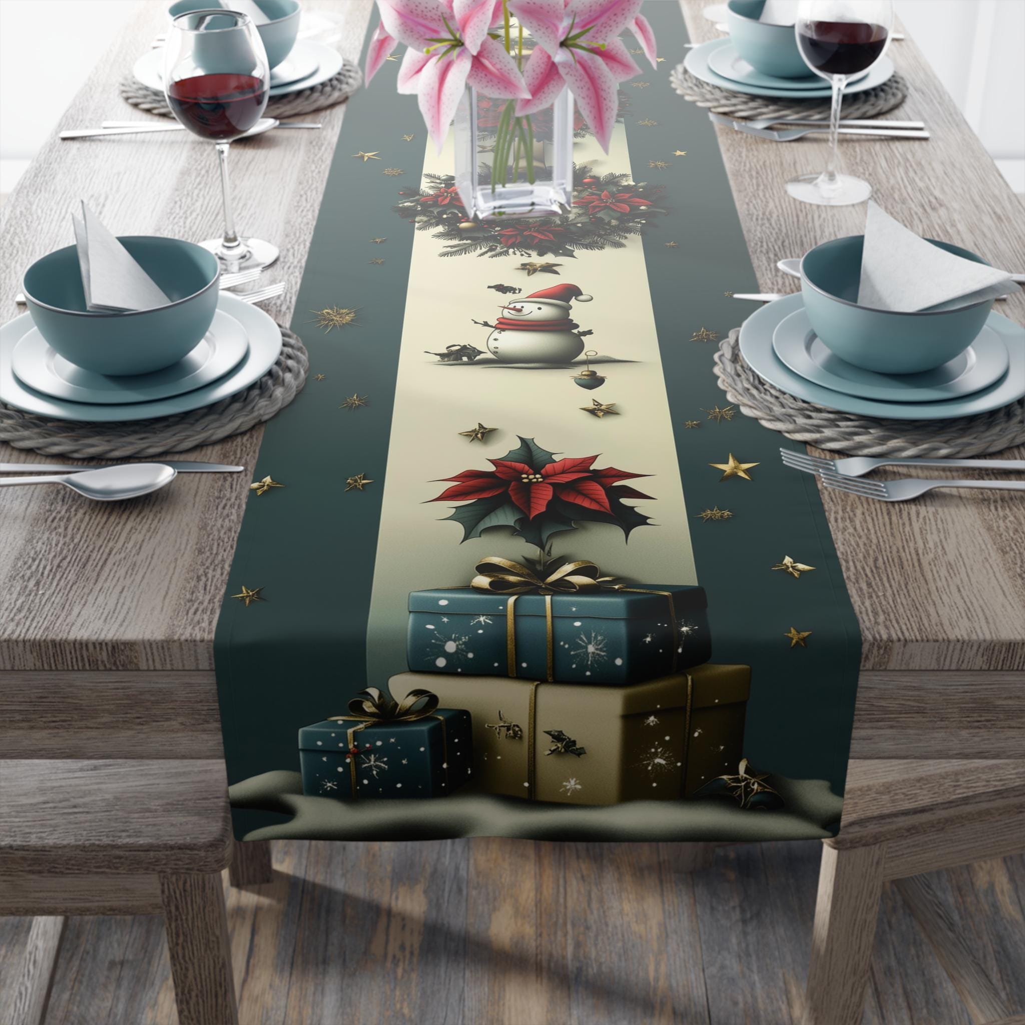 Vintage Nostalgia Christmas Table Runner: Snowman, Poinsettia & Wreaths on Deep Teal-Gray and Cream