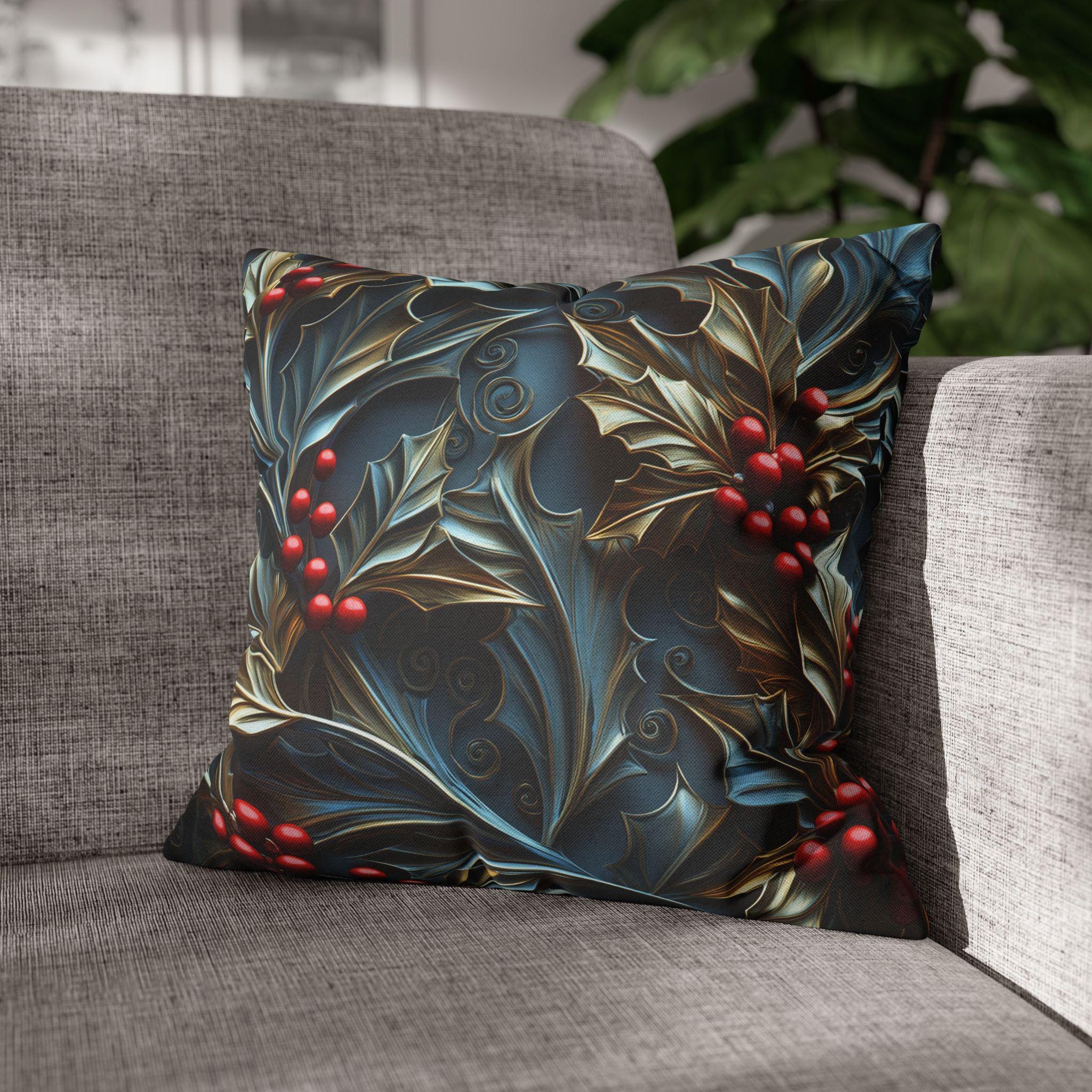 Elegant Holly Berries Pillow Cover: Festive Christmas Decor