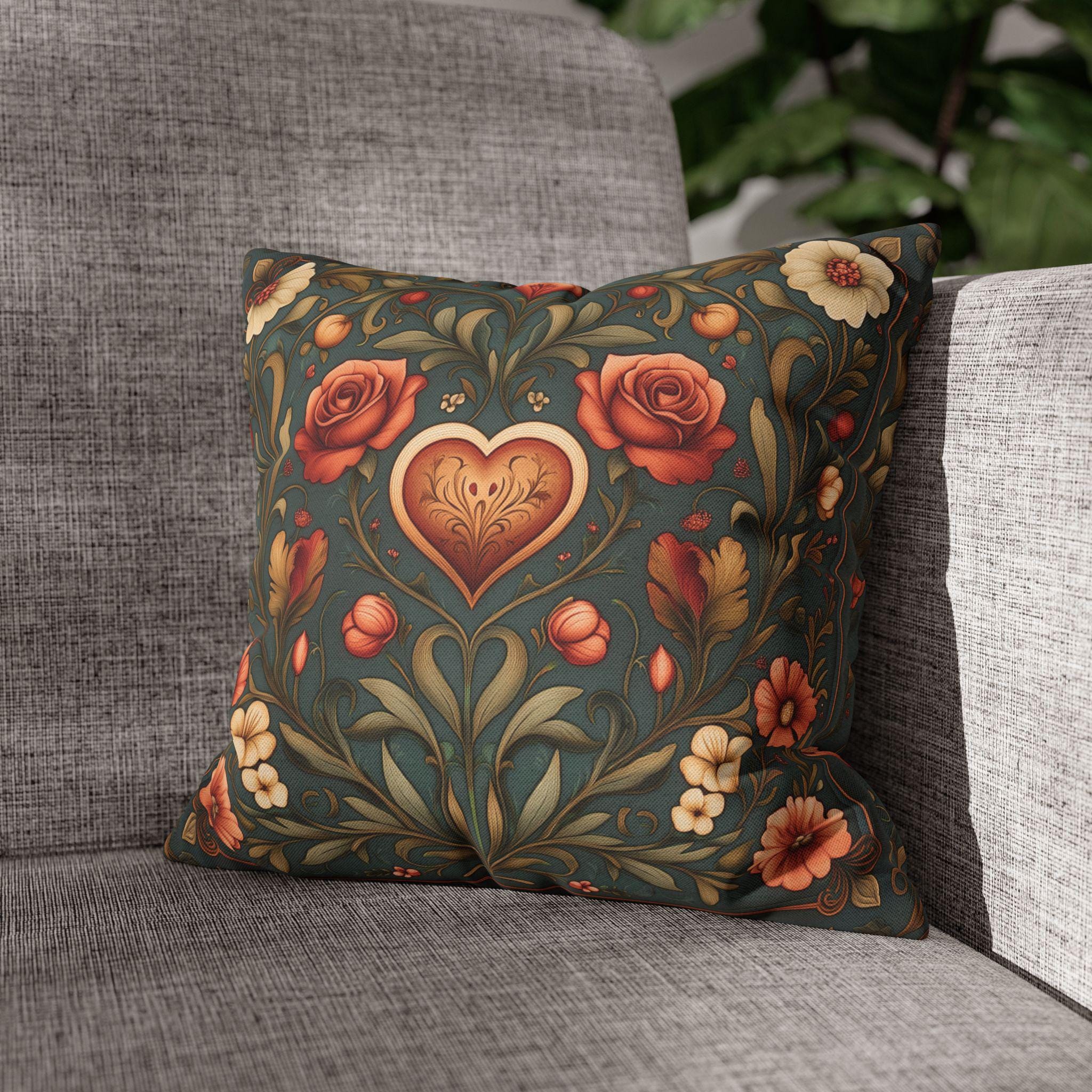 William Morris Inspired Valentines Heart Pillow Cover: Arts & Crafts Love Botanical