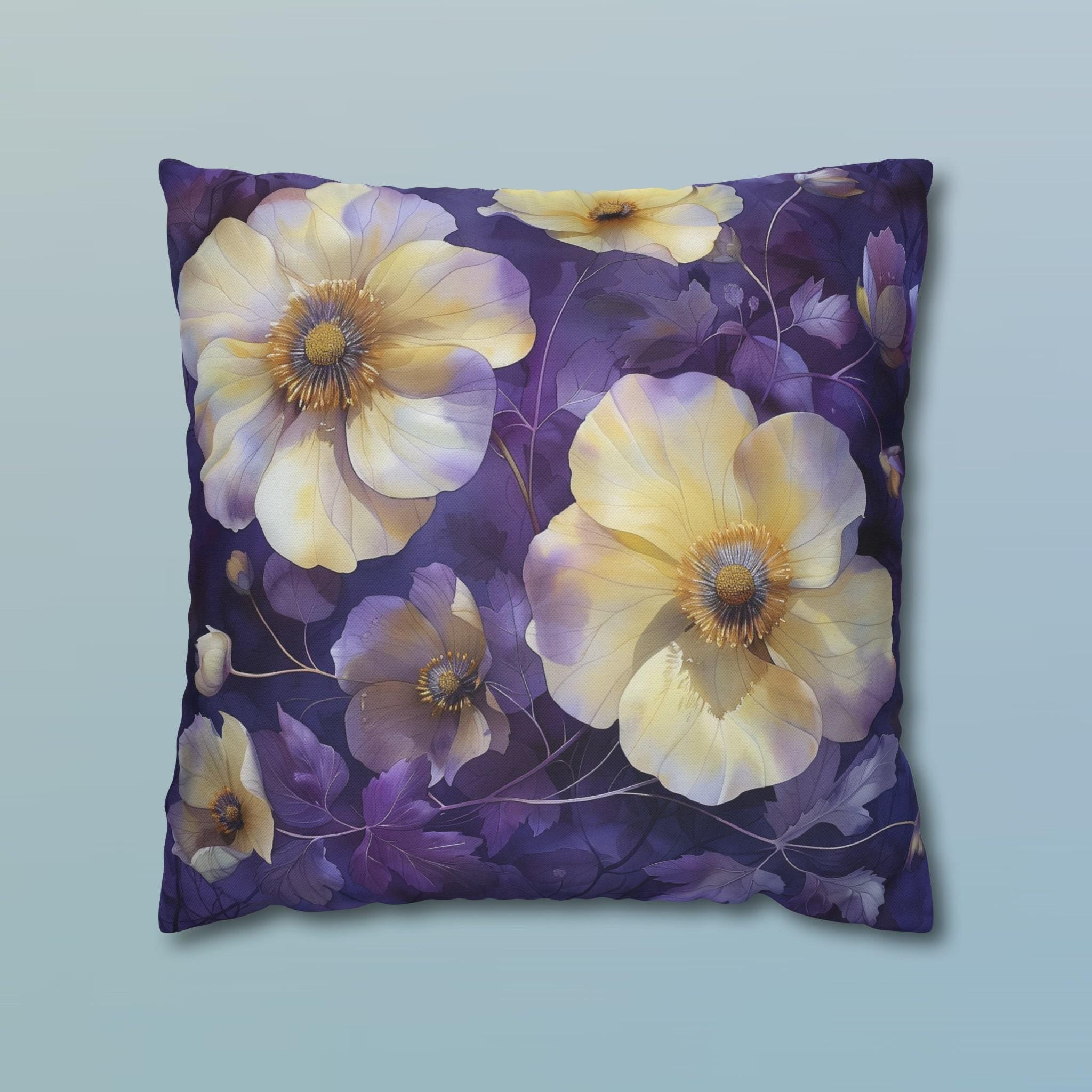 Floral Pillow Cover, Cream Yellow Pansies, Purple Botanical Print