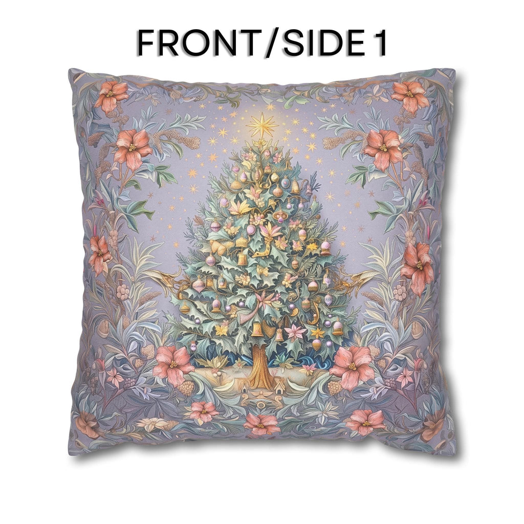 William Morris Christmas Pillow Cover: Frosted Pastel Tree, Lilac and Pink Botanical Holiday