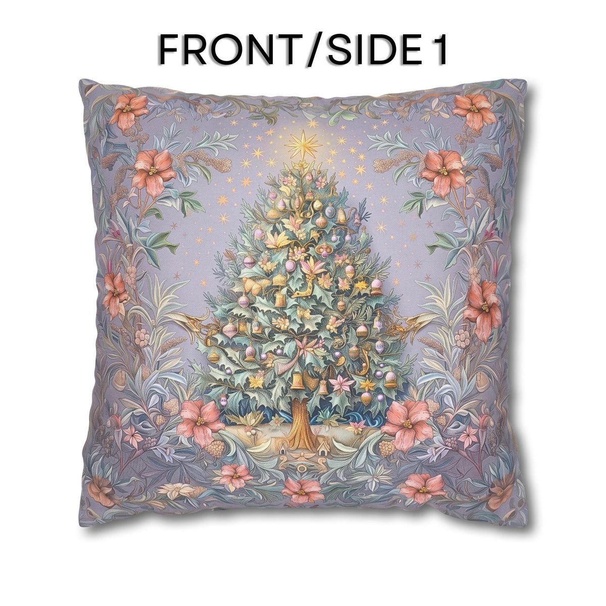 William Morris Christmas Pillow Cover: Frosted Pastel Tree, Lilac and Pink Botanical Holiday