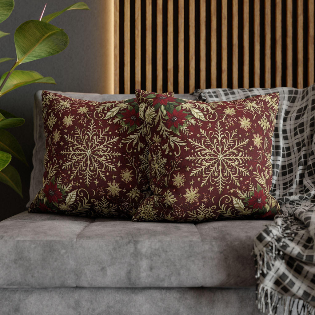 Christmas Snowflake Pillow Cover: Crimson Red Antique Gold with Deep Green Accents