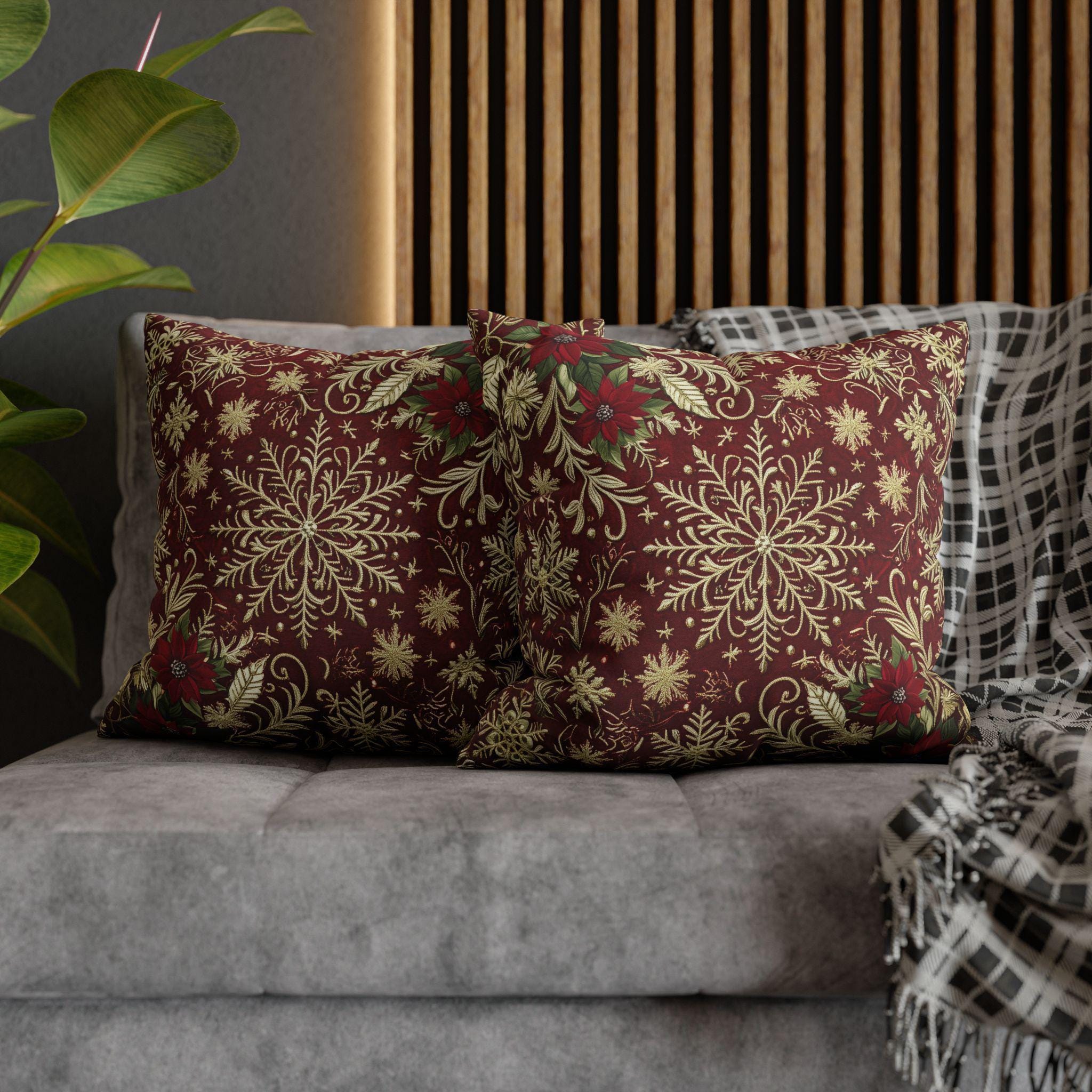 Christmas Snowflake Pillow Cover: Crimson Red Antique Gold with Deep Green Accents