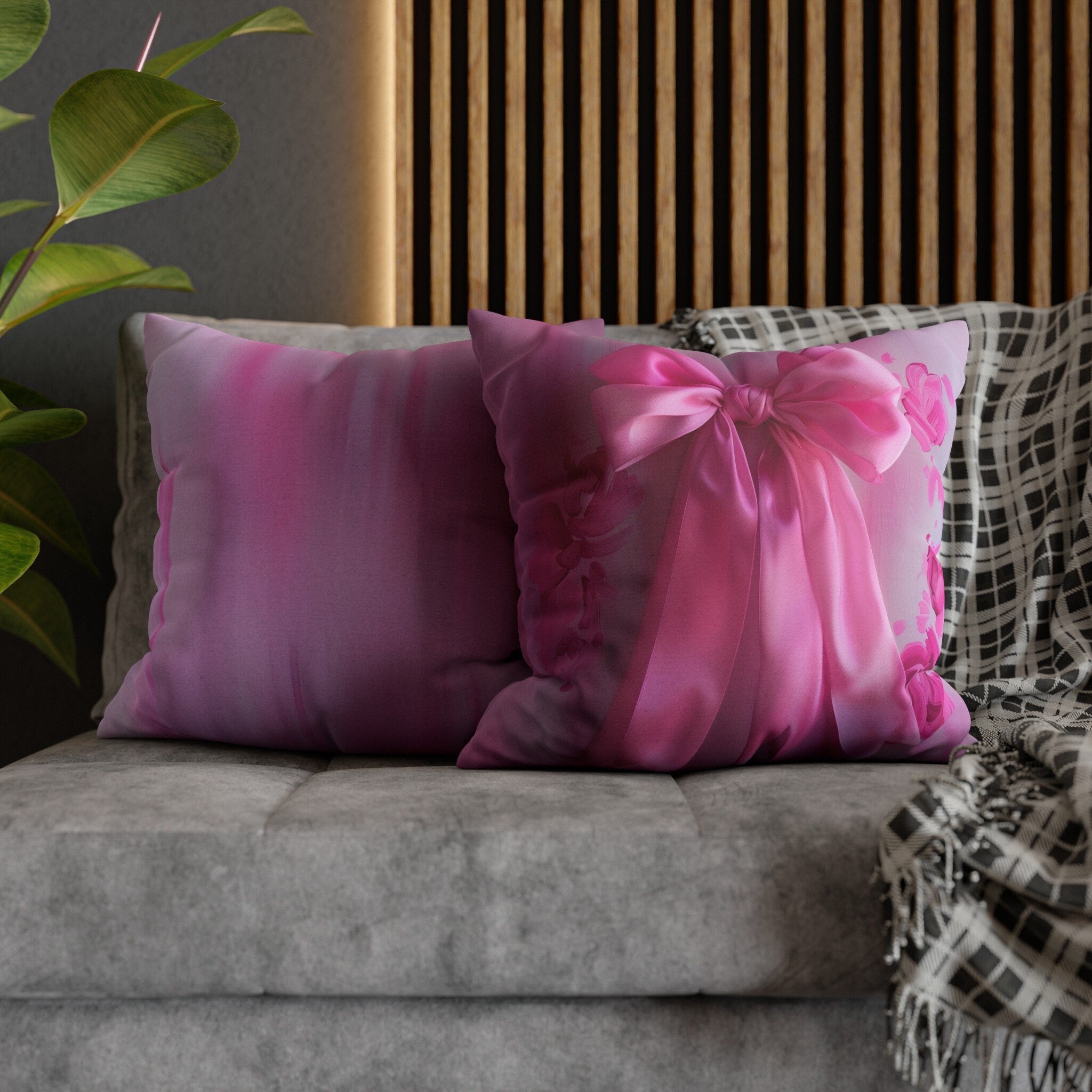 Romantic Coquette Pillow Cover: Pink Satin Bow Image & Floral Accents for Feminine Bedroom Decor