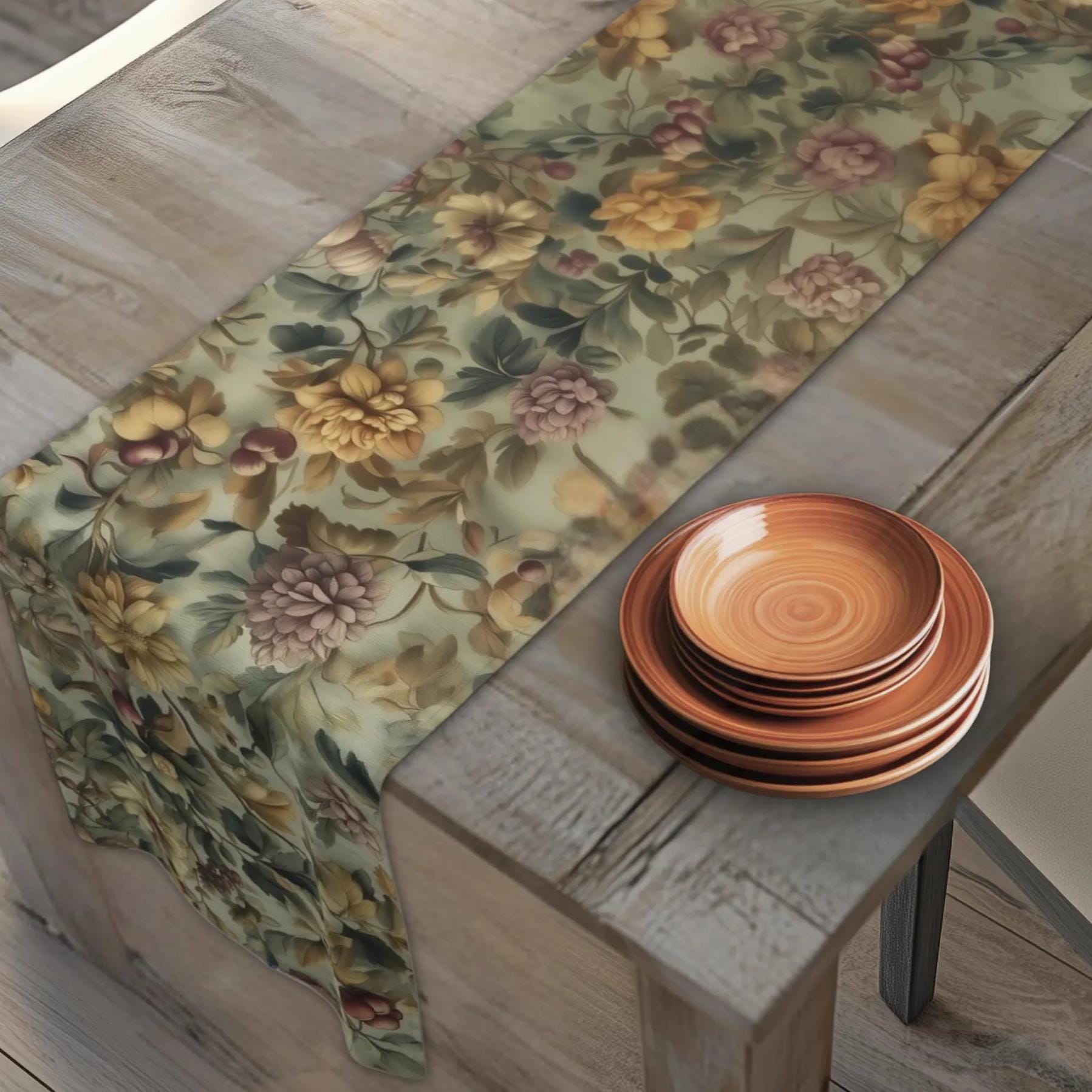 William Morris Inspired Botanical Table Runner: Sage, Wine & Wheat Hue
