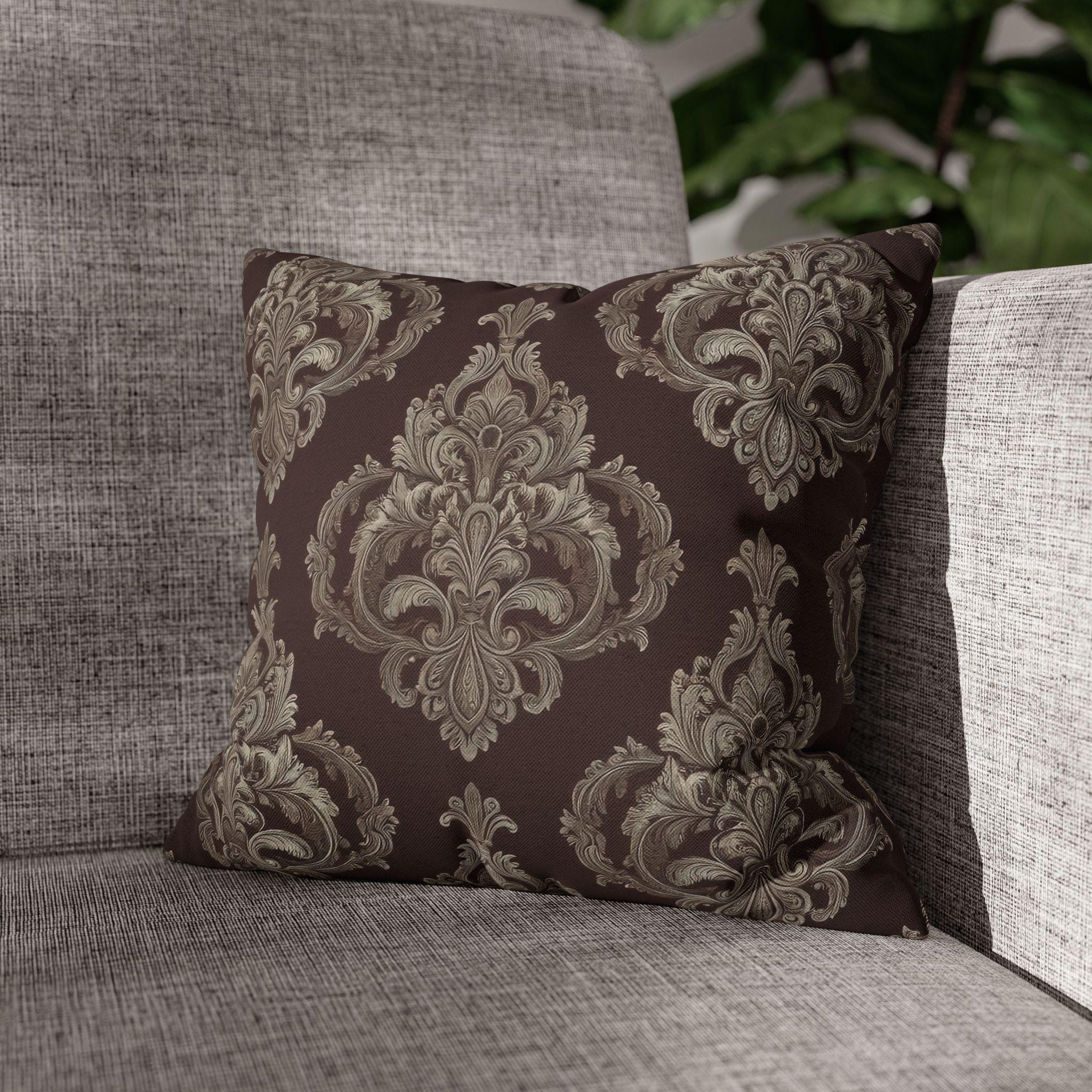 Elegant Damask Square Pillowcase: Taupe & Gray Motifs on Chocolate Brown, Sophisticated Home Decor