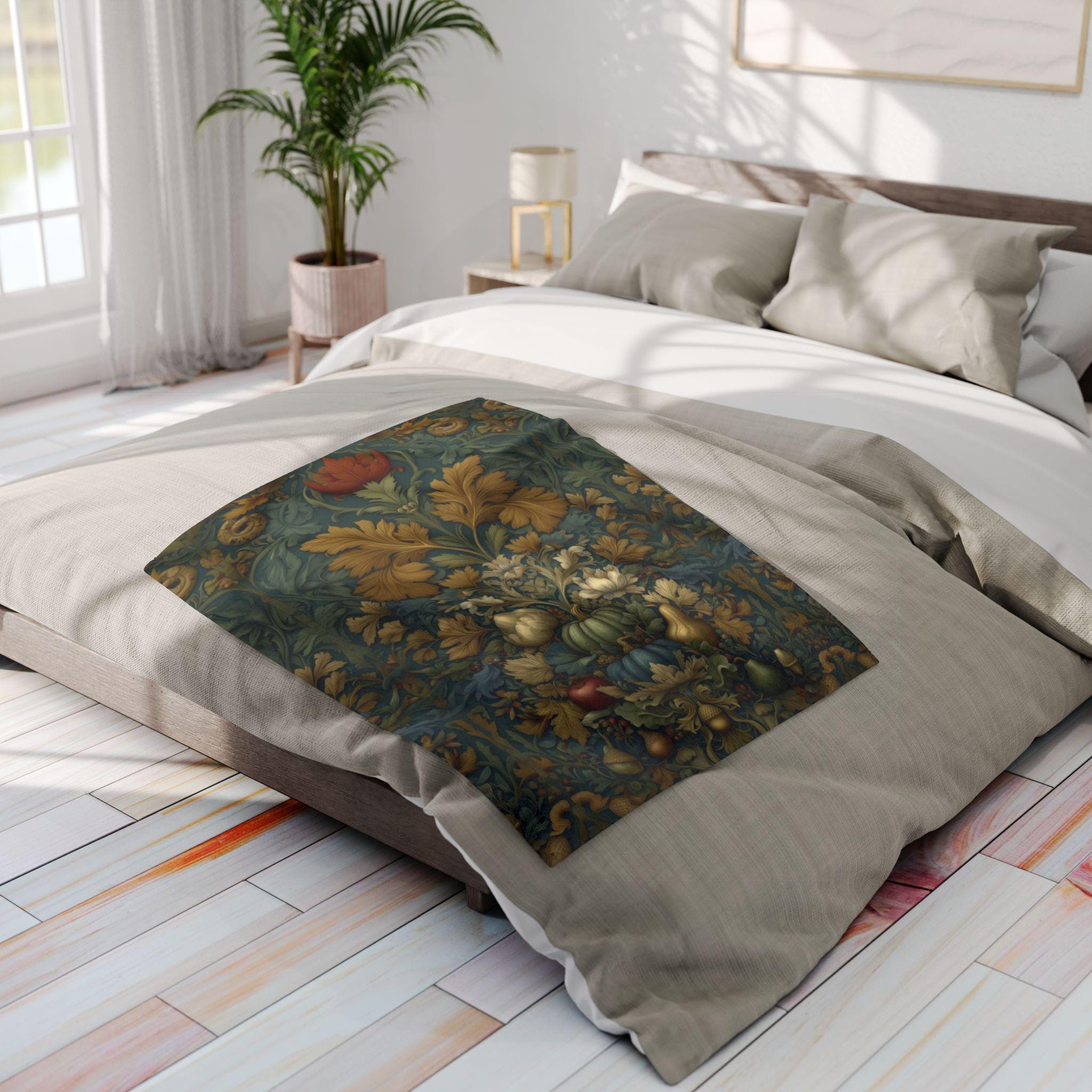 William Morris Inspired Throw Blanket: Autumn Harvest Thanksgiving Decor with Vintage Flair