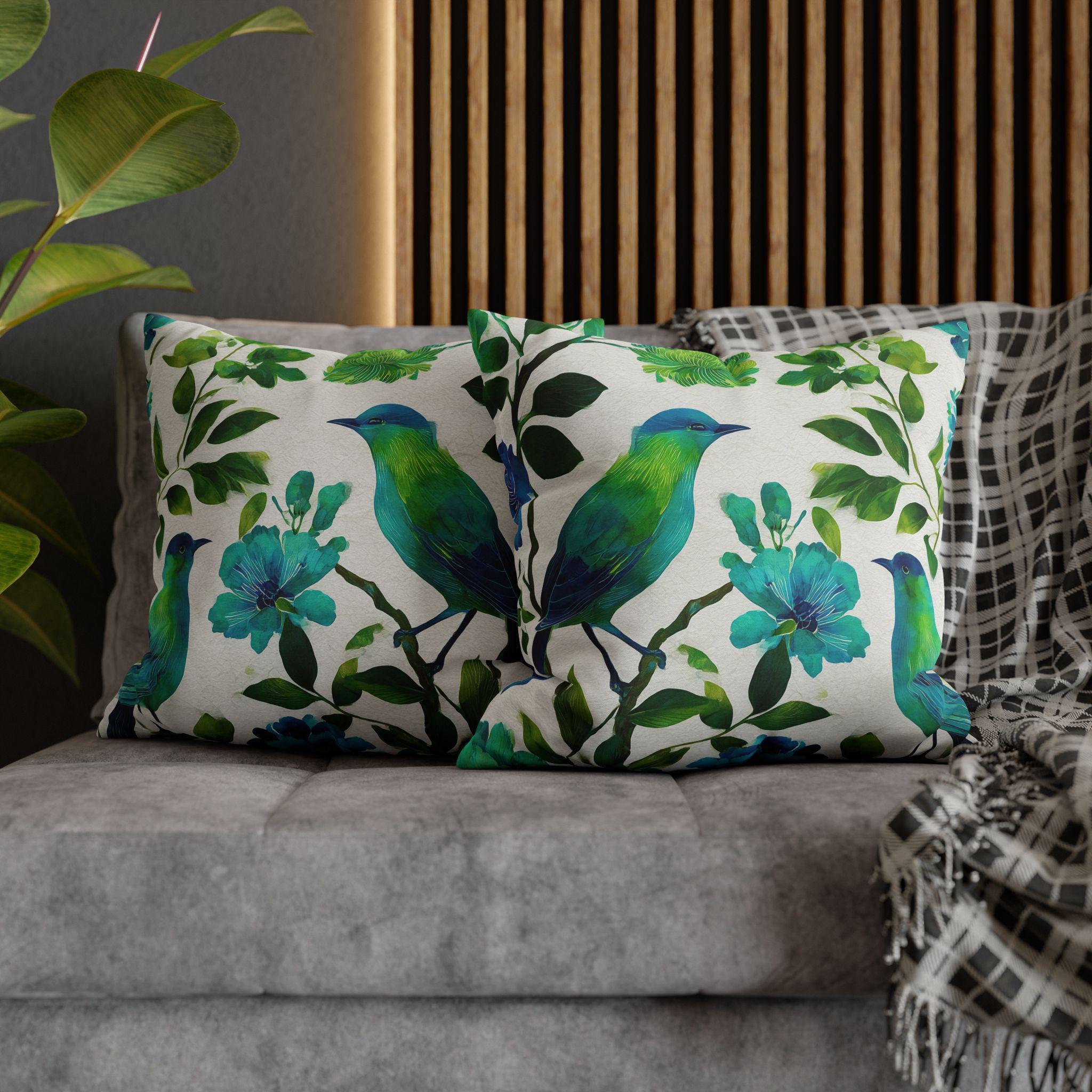 Chinoiserie Bird Pillow Cover: Teal Green Watercolor Floral Cushion