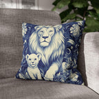William Morris Inspired Lion Pillow Cover: Blue & White Floral Jungle Motif Decorative Cushion Case