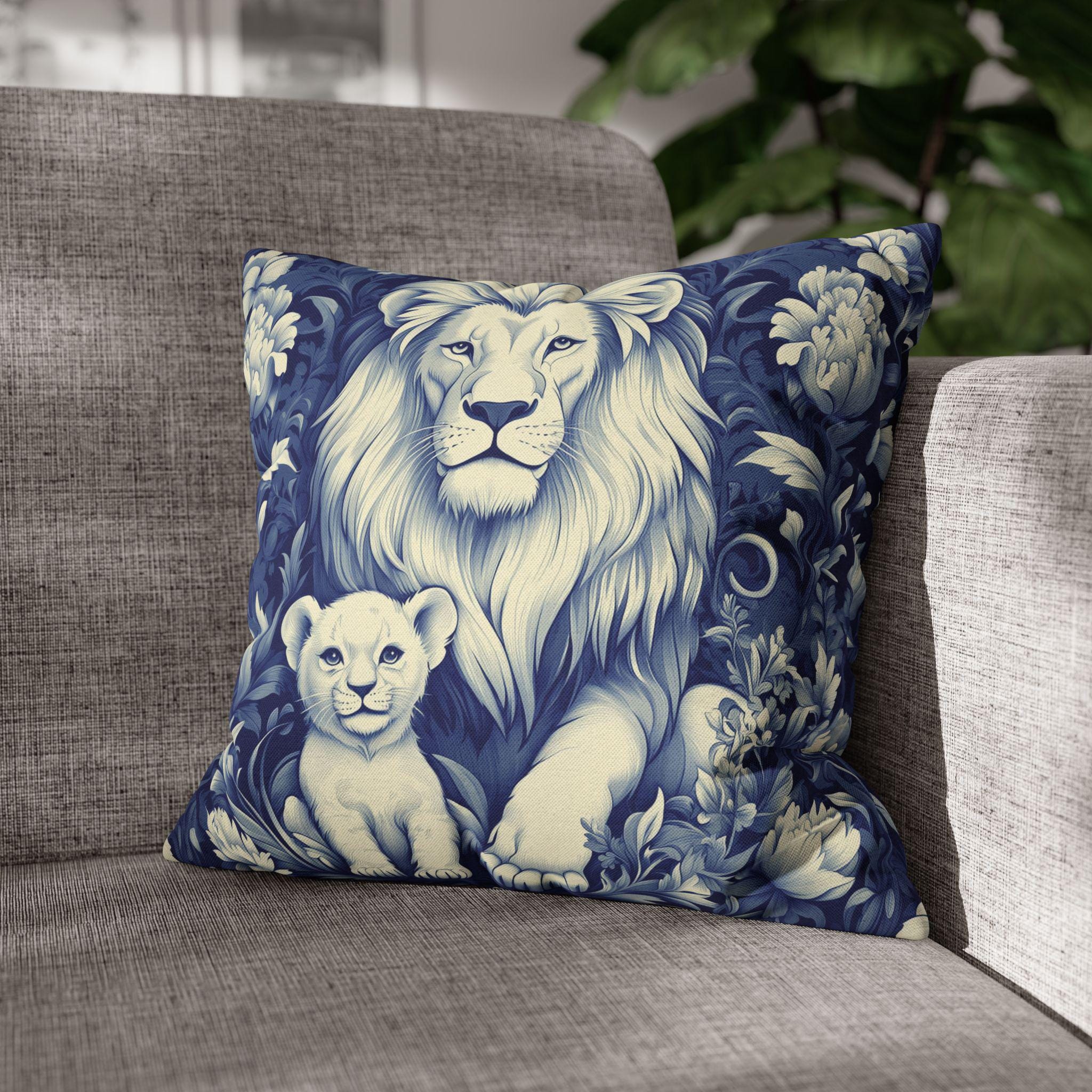 William Morris Inspired Lion Pillow Cover: Blue & White Floral Jungle Motif Decorative Cushion Case
